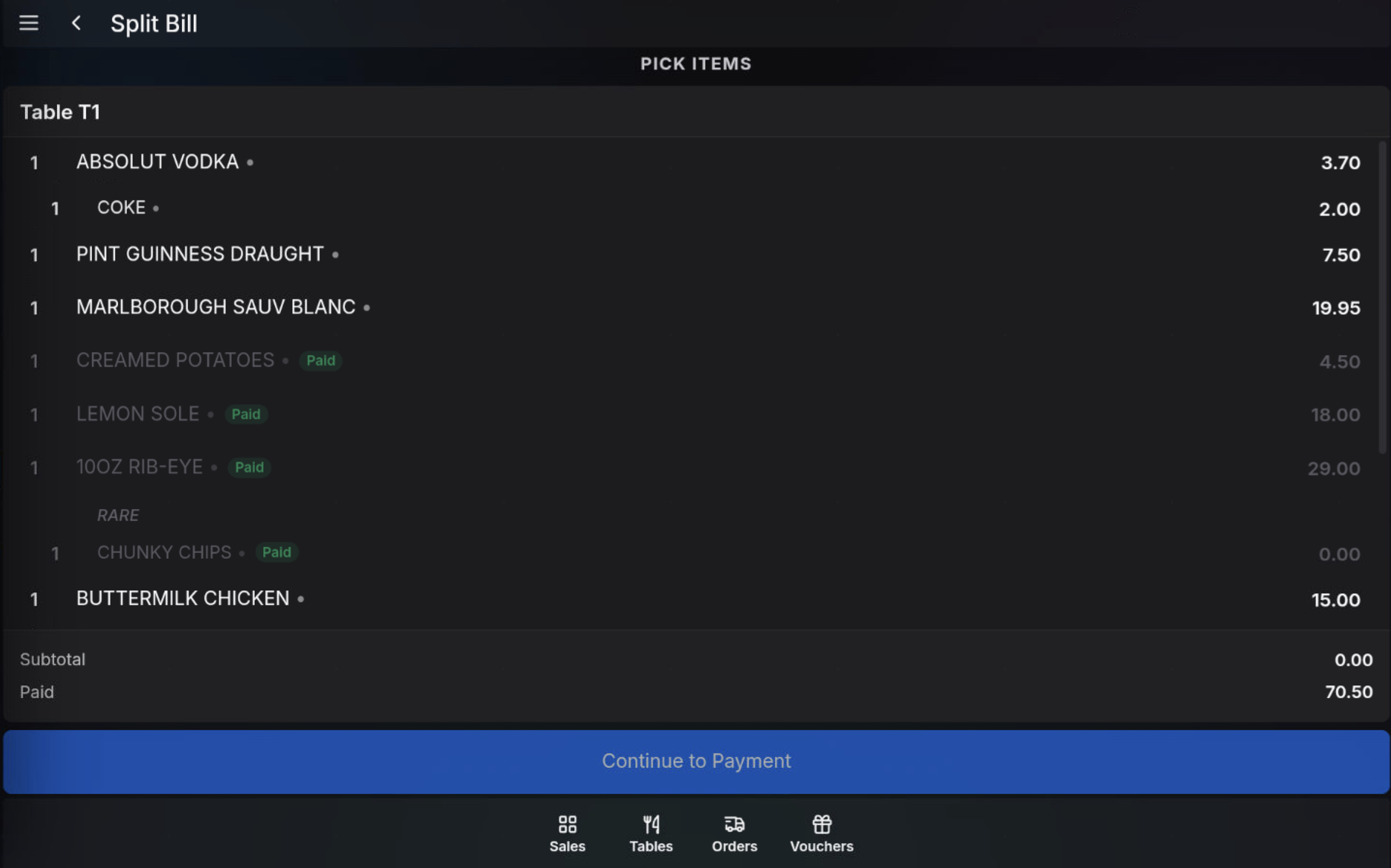 Back option from split bill item selection
