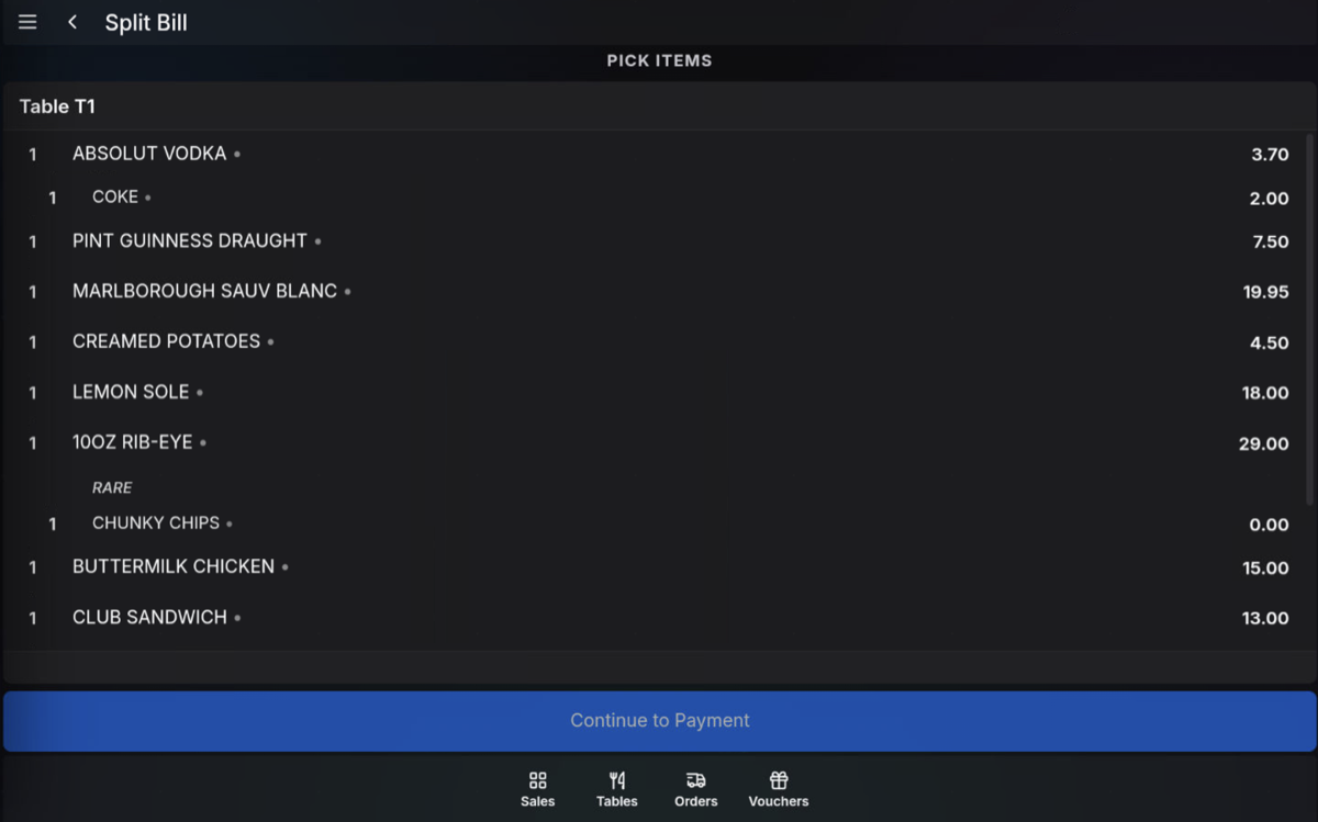 Split Bill item selection screen