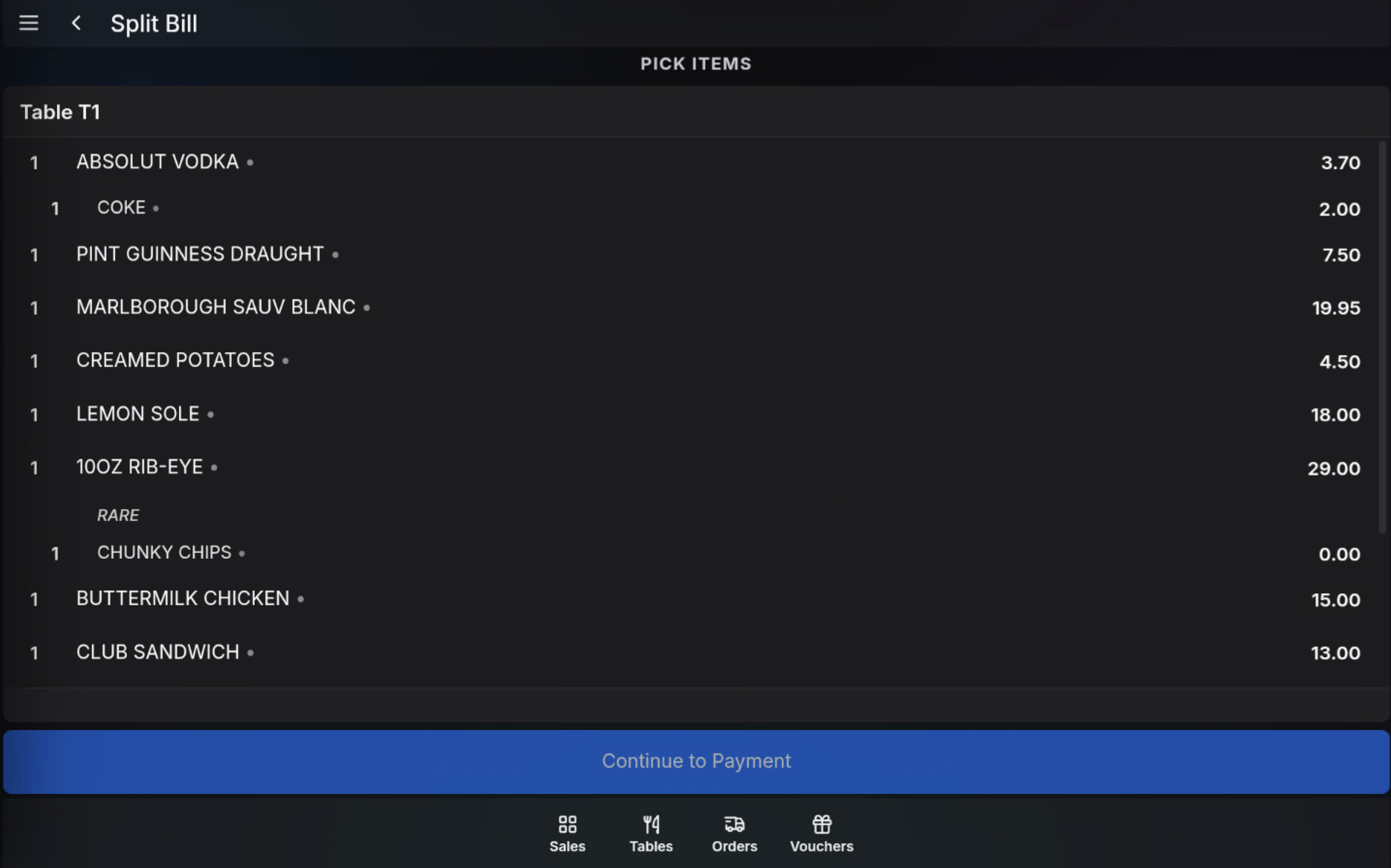 Split Bill item selection screen
