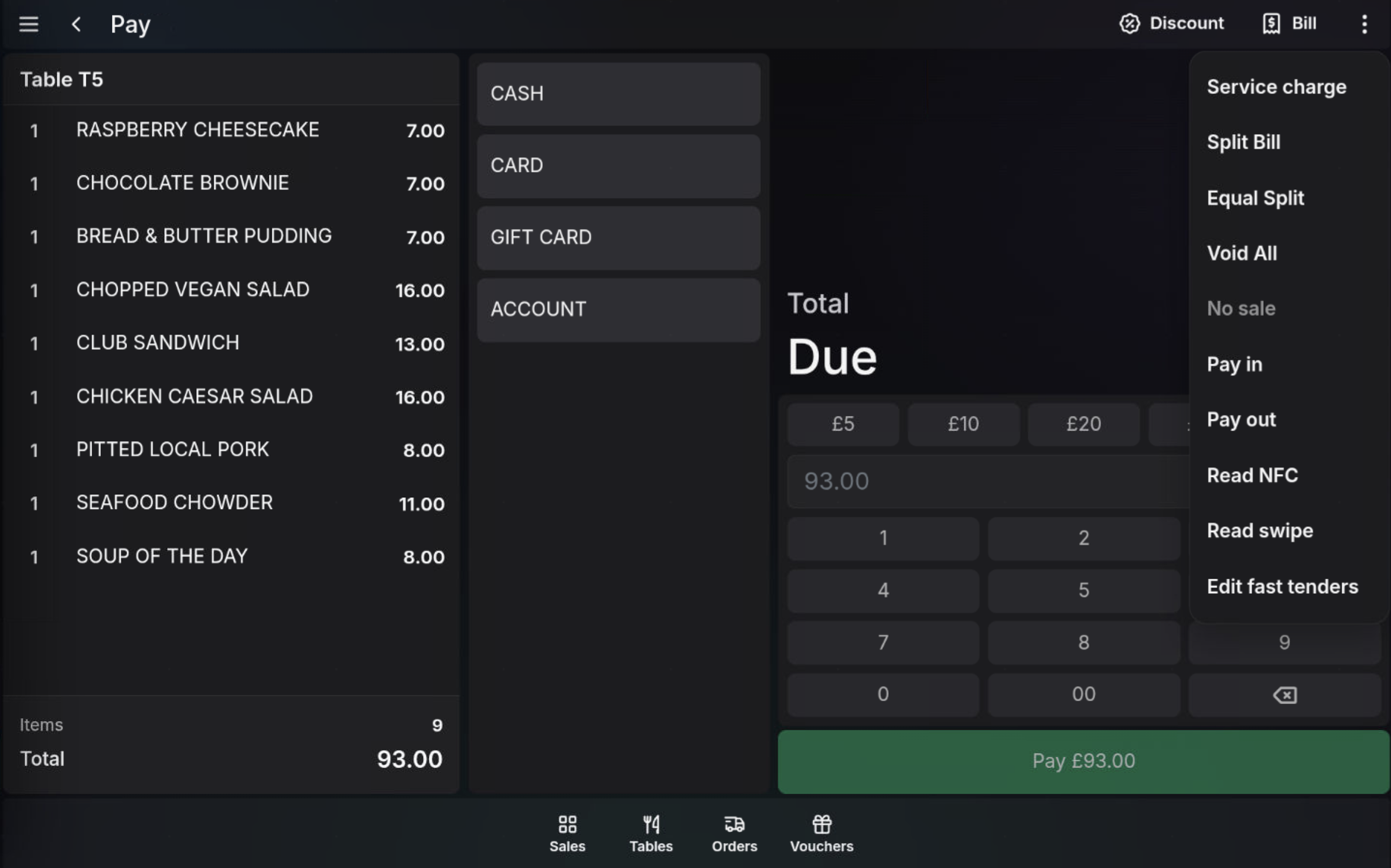 Equal Split option in the payment actions menu