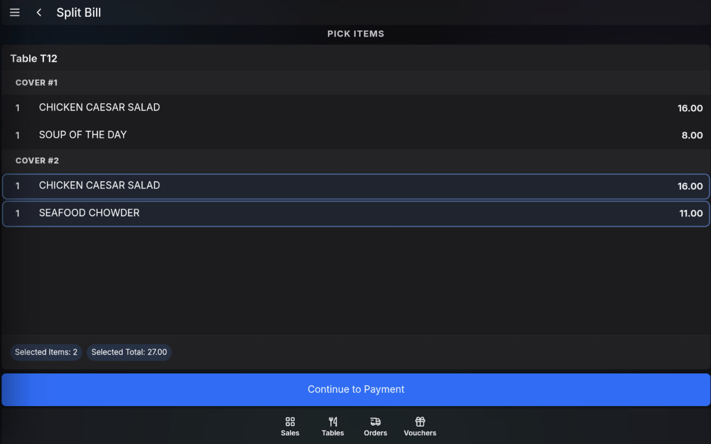 Split bill screen showing items grouped by cover