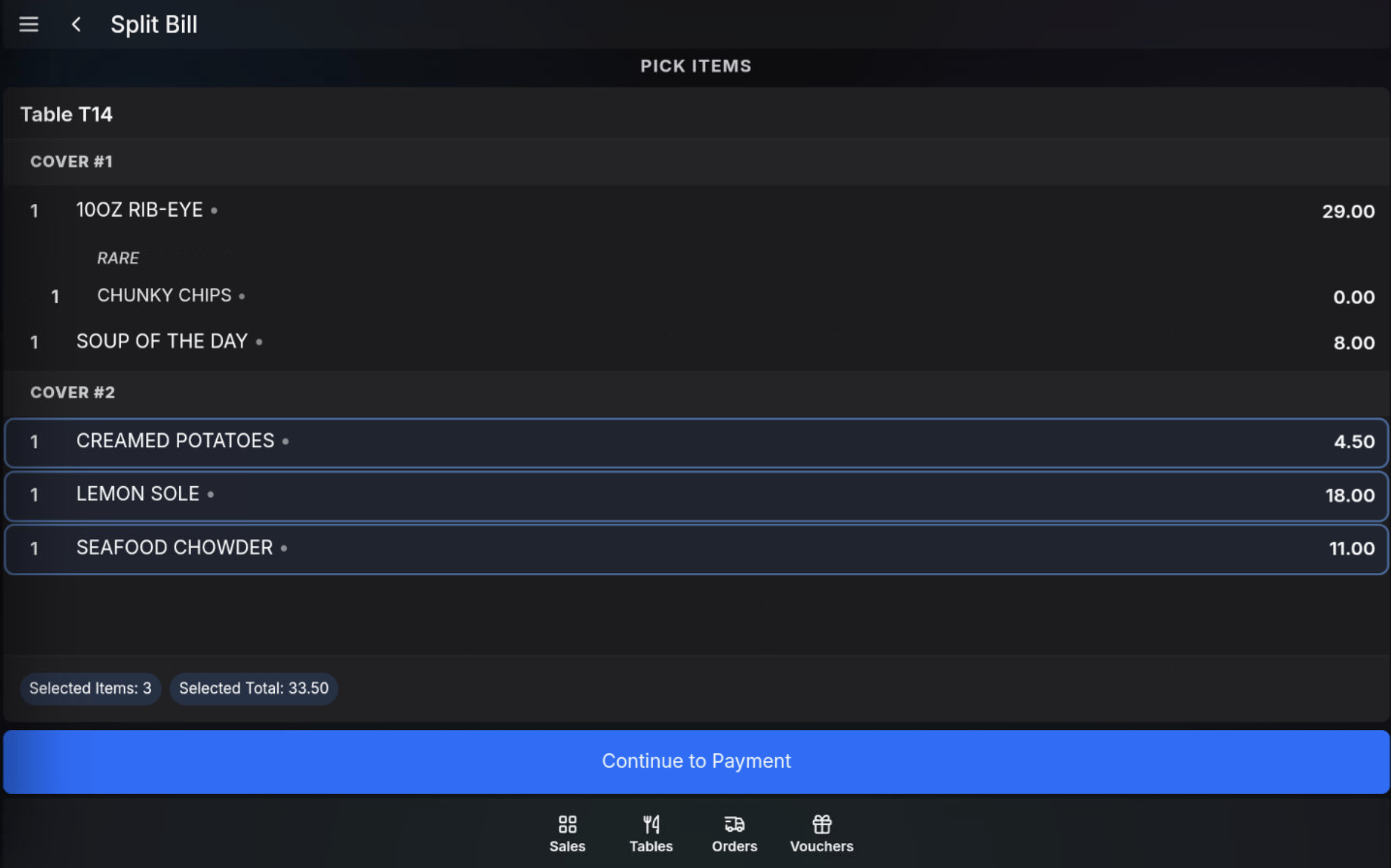 Split Bill screen showing items grouped by cover