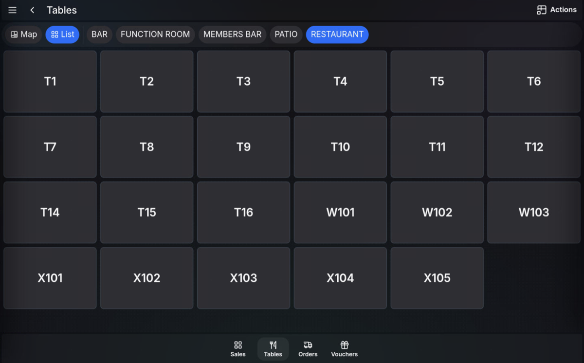 Table list view on the POS