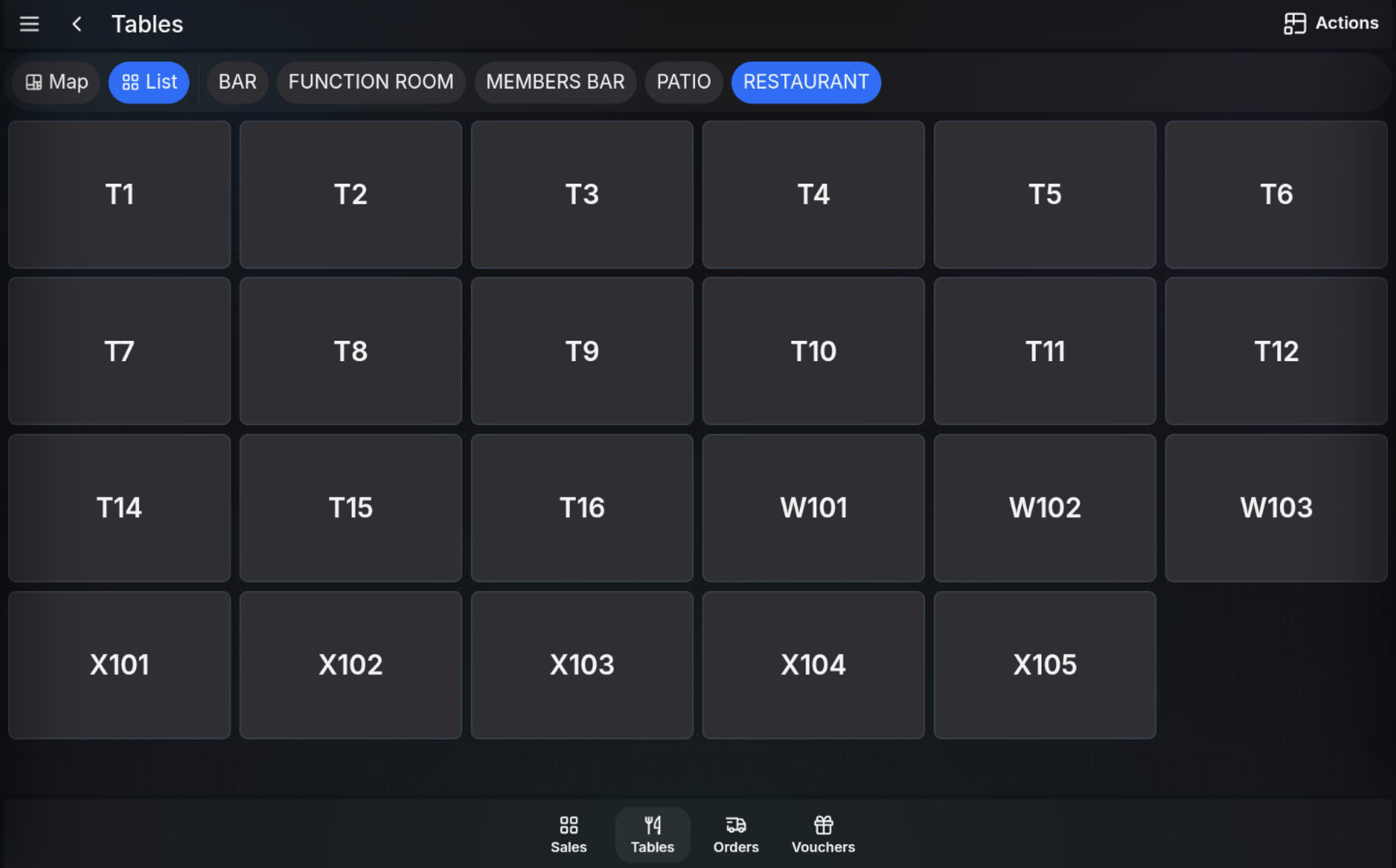 Table list view on the POS