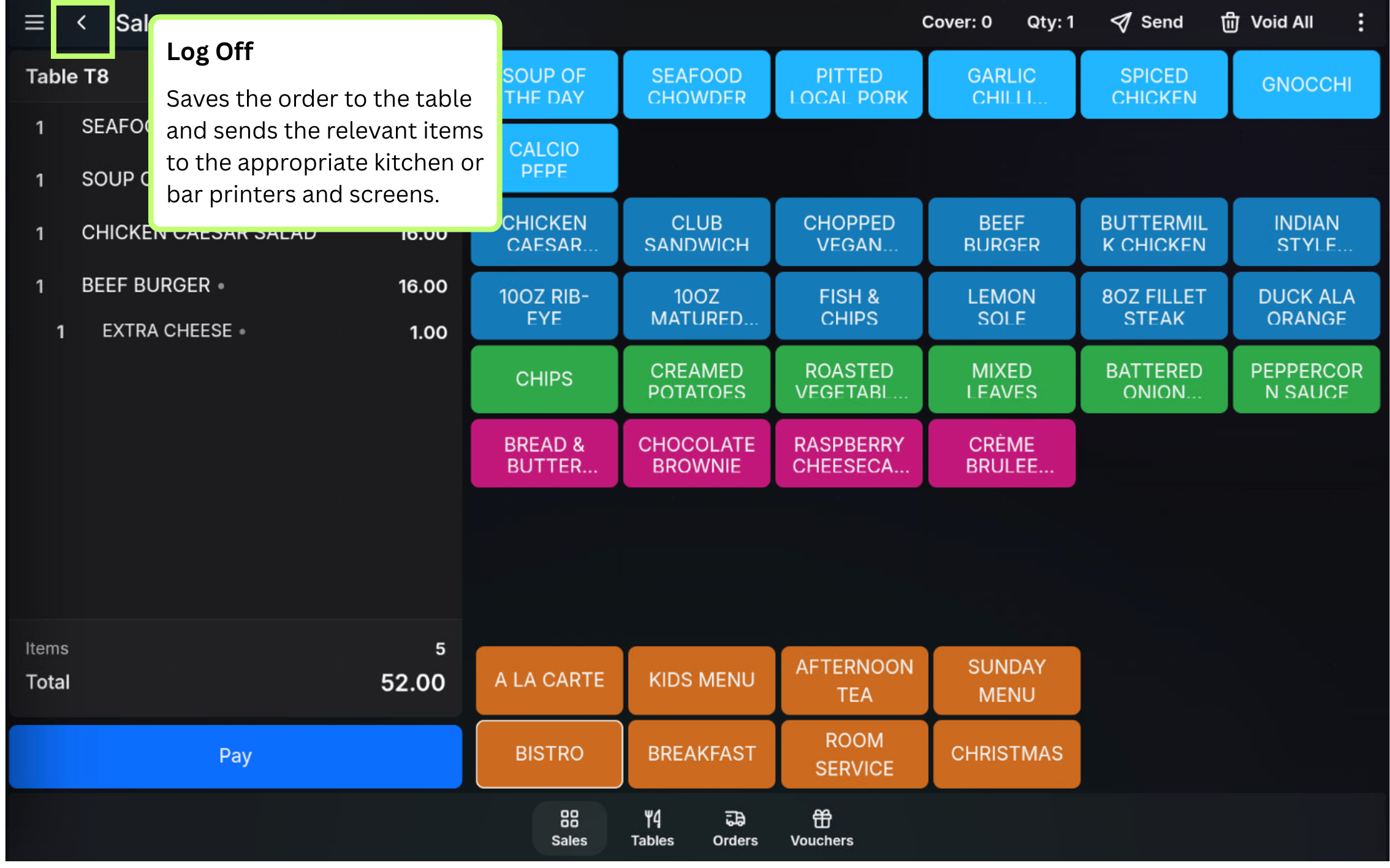Log off option on an open table order