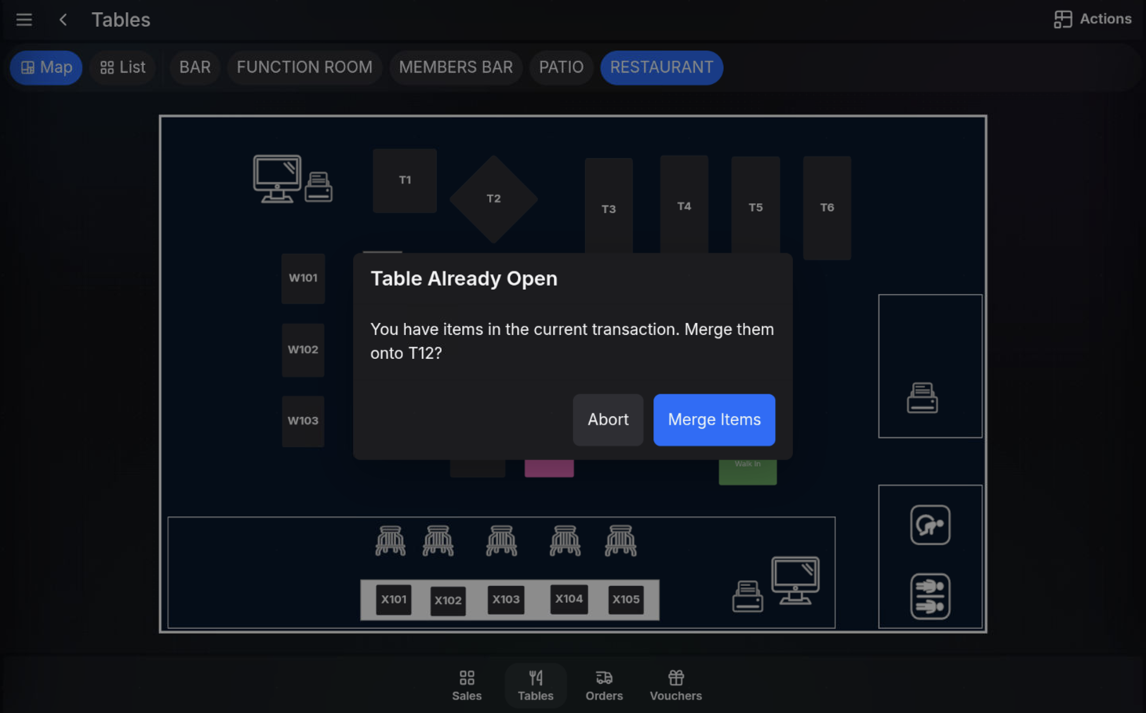 Merge onto table option on the POS