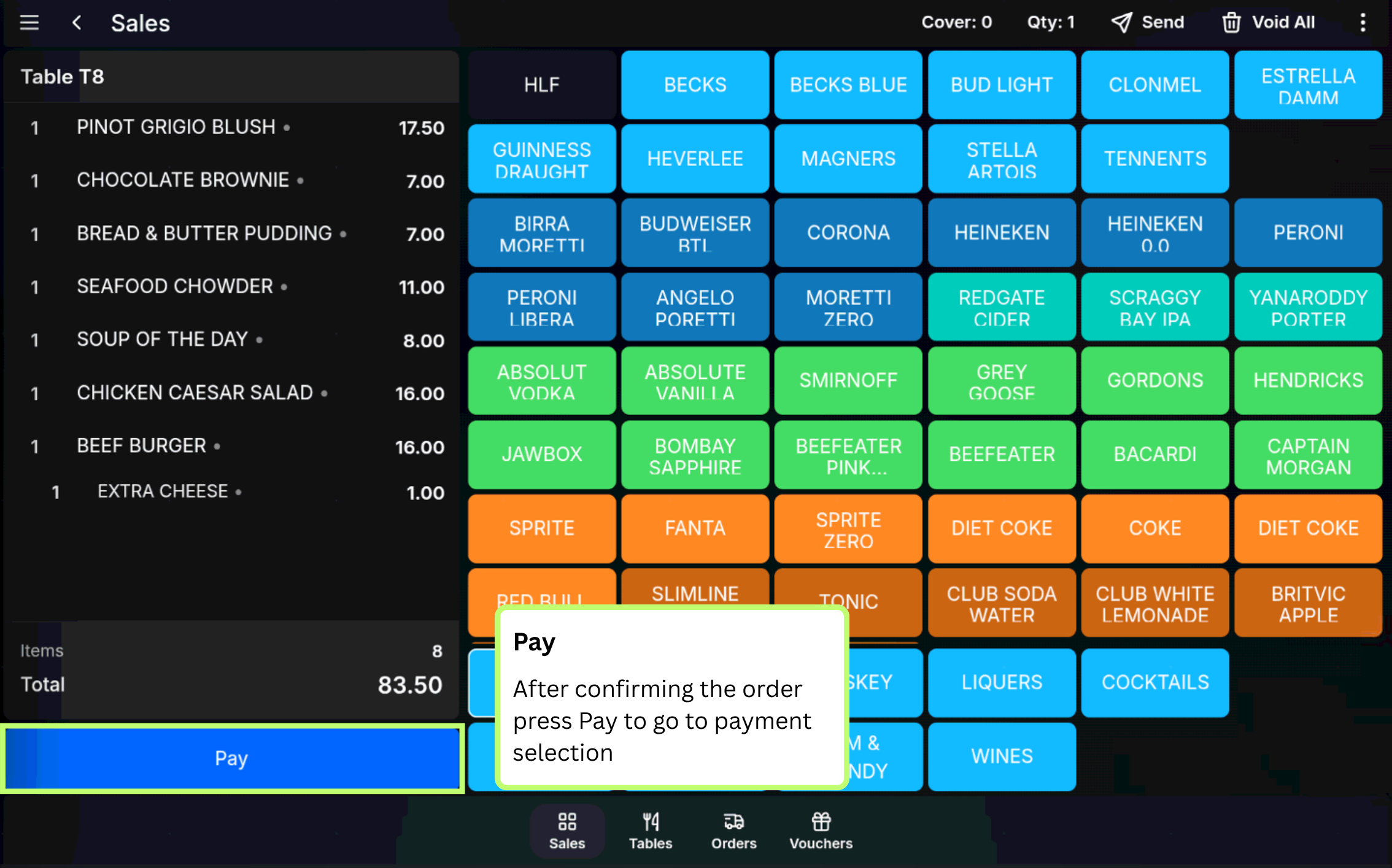Pay button on an open table order