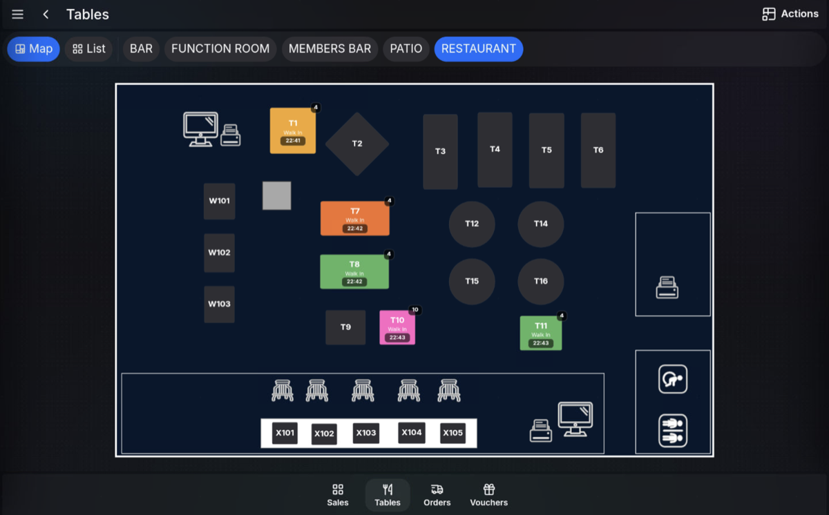 Table plan showing table states on the POS