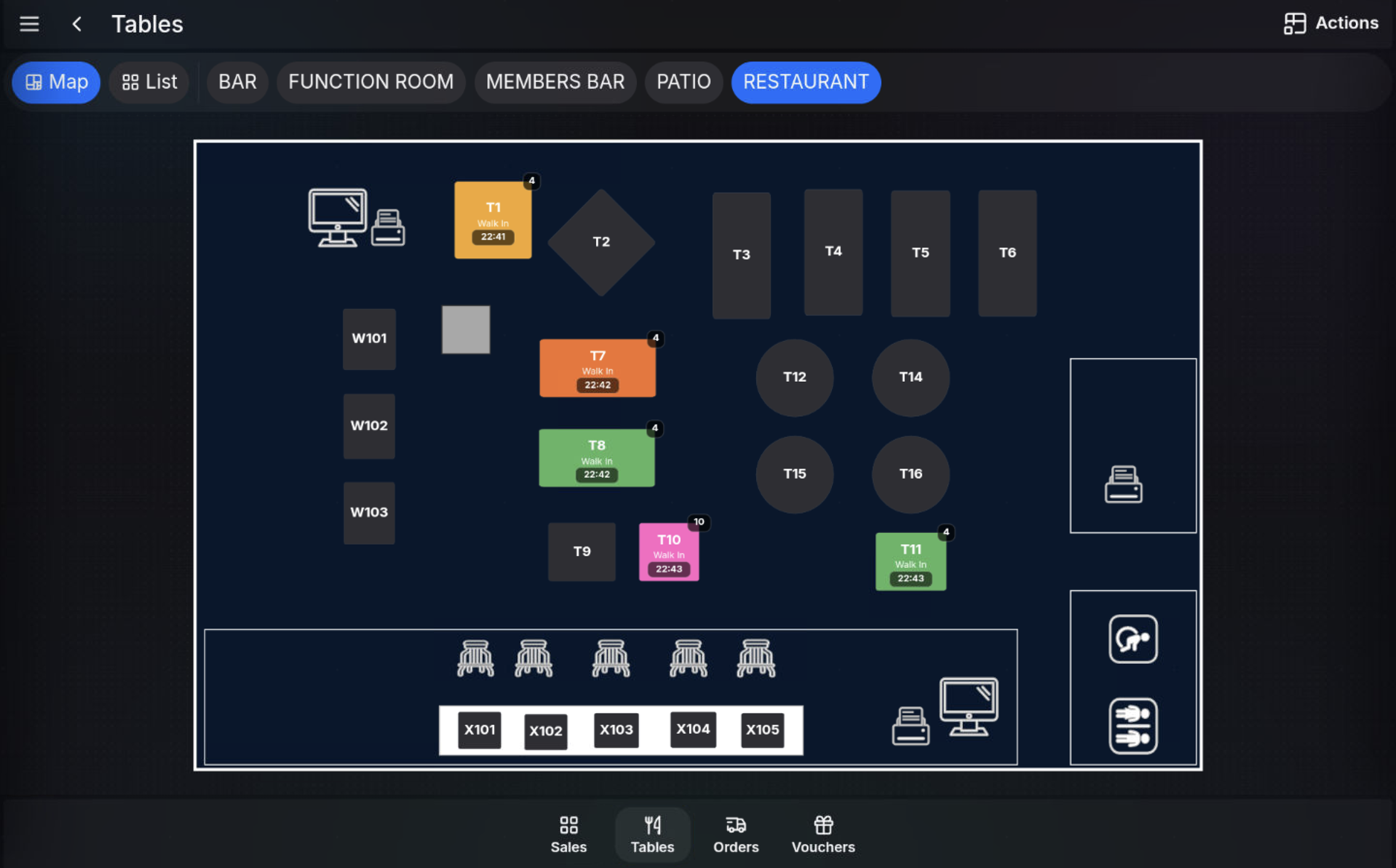 Table plan showing table states on the POS