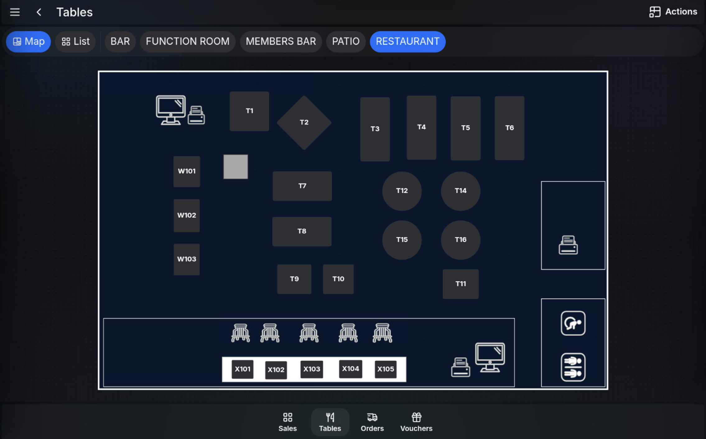 Graphical table plan view on the POS