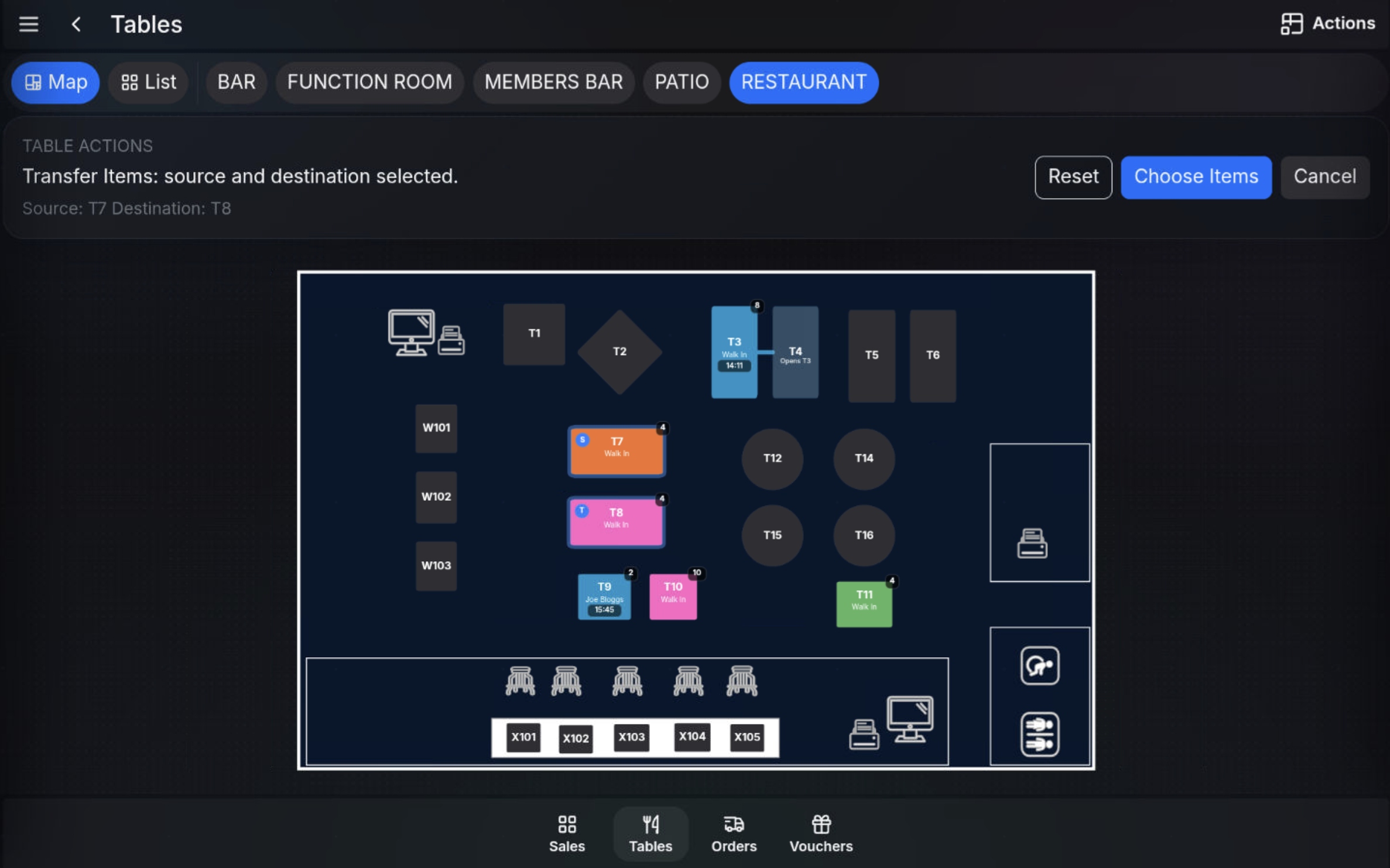 Destination table selected for item transfer