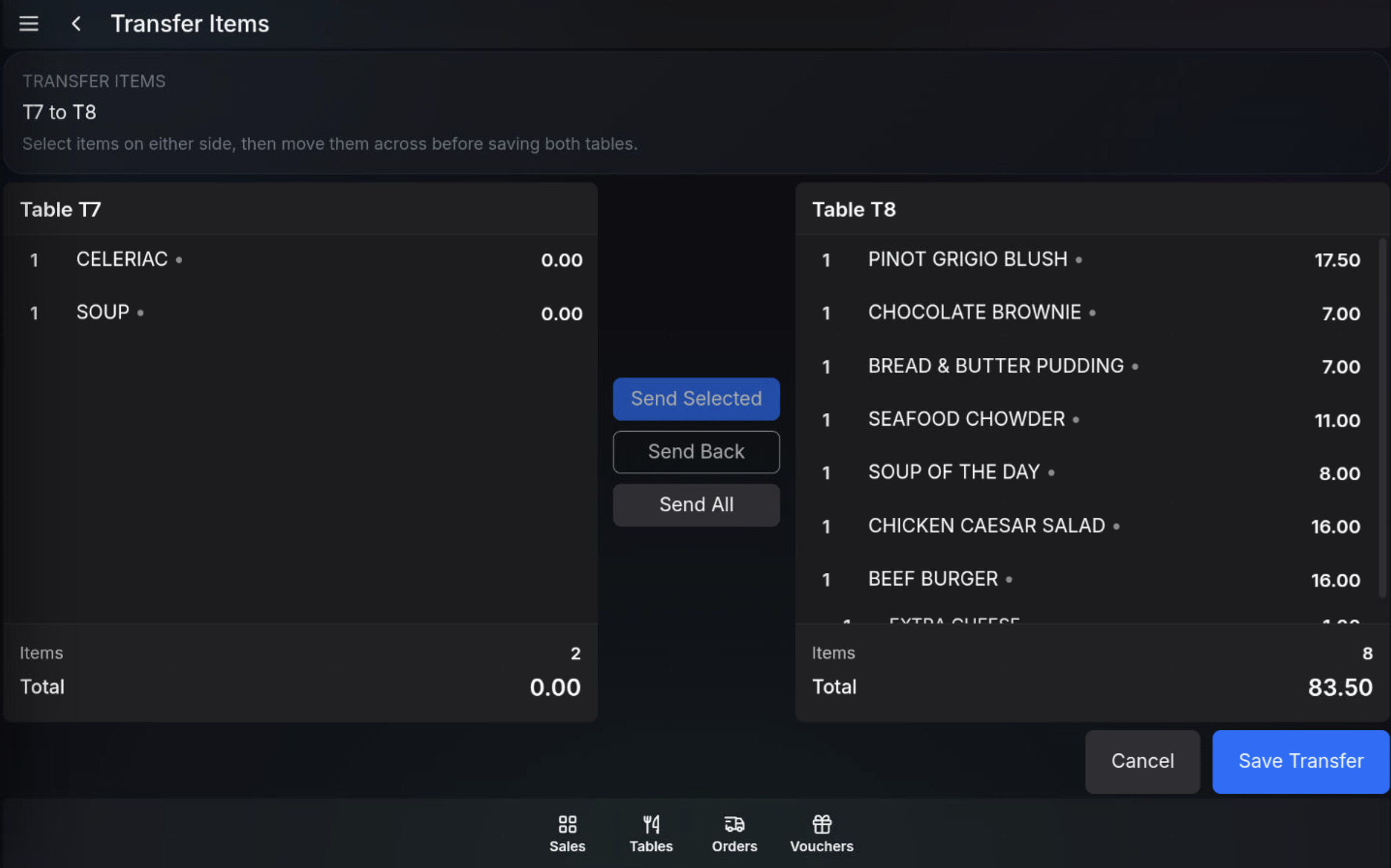 Items highlighted for transfer between tables