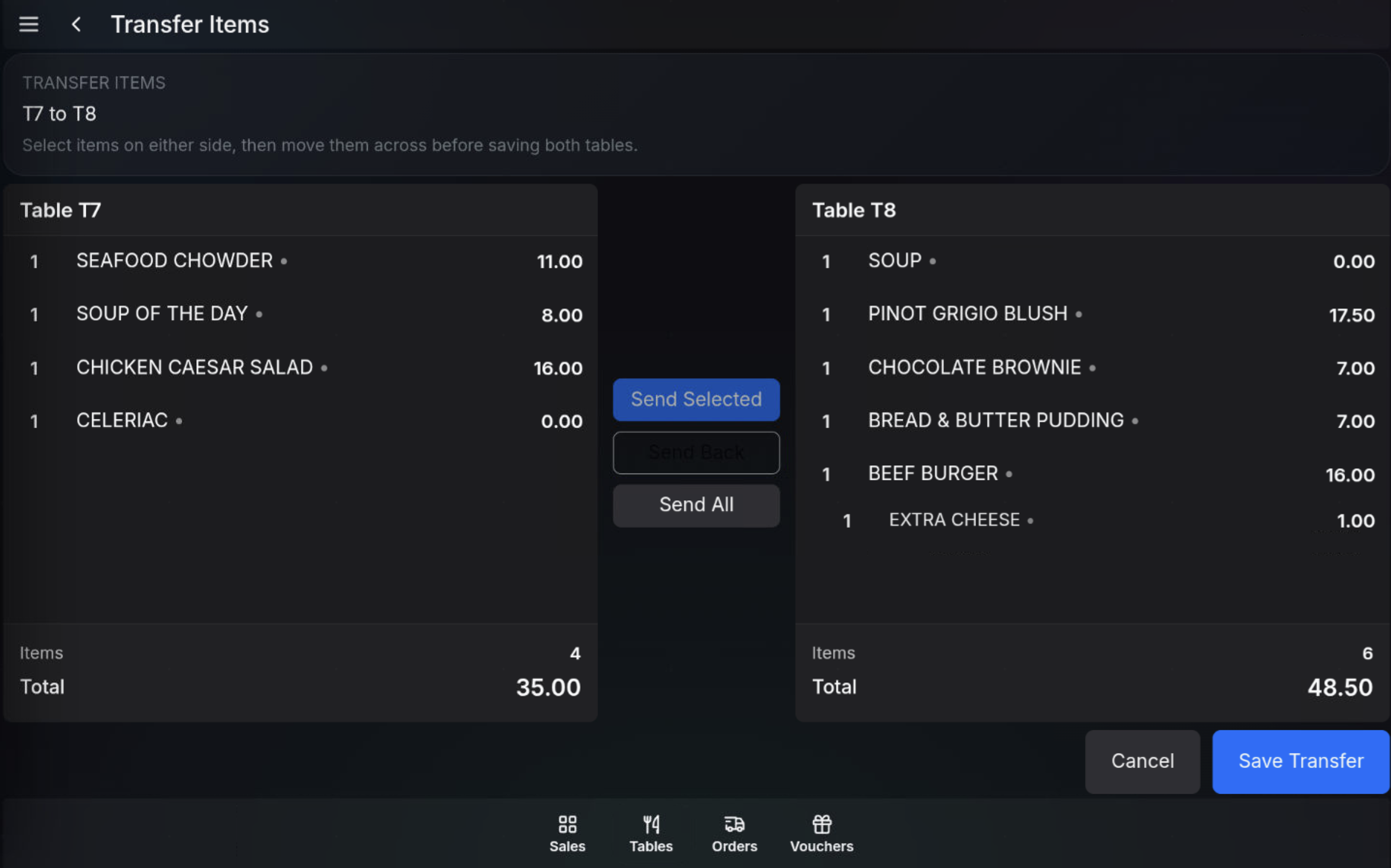 Items moved back during table transfer