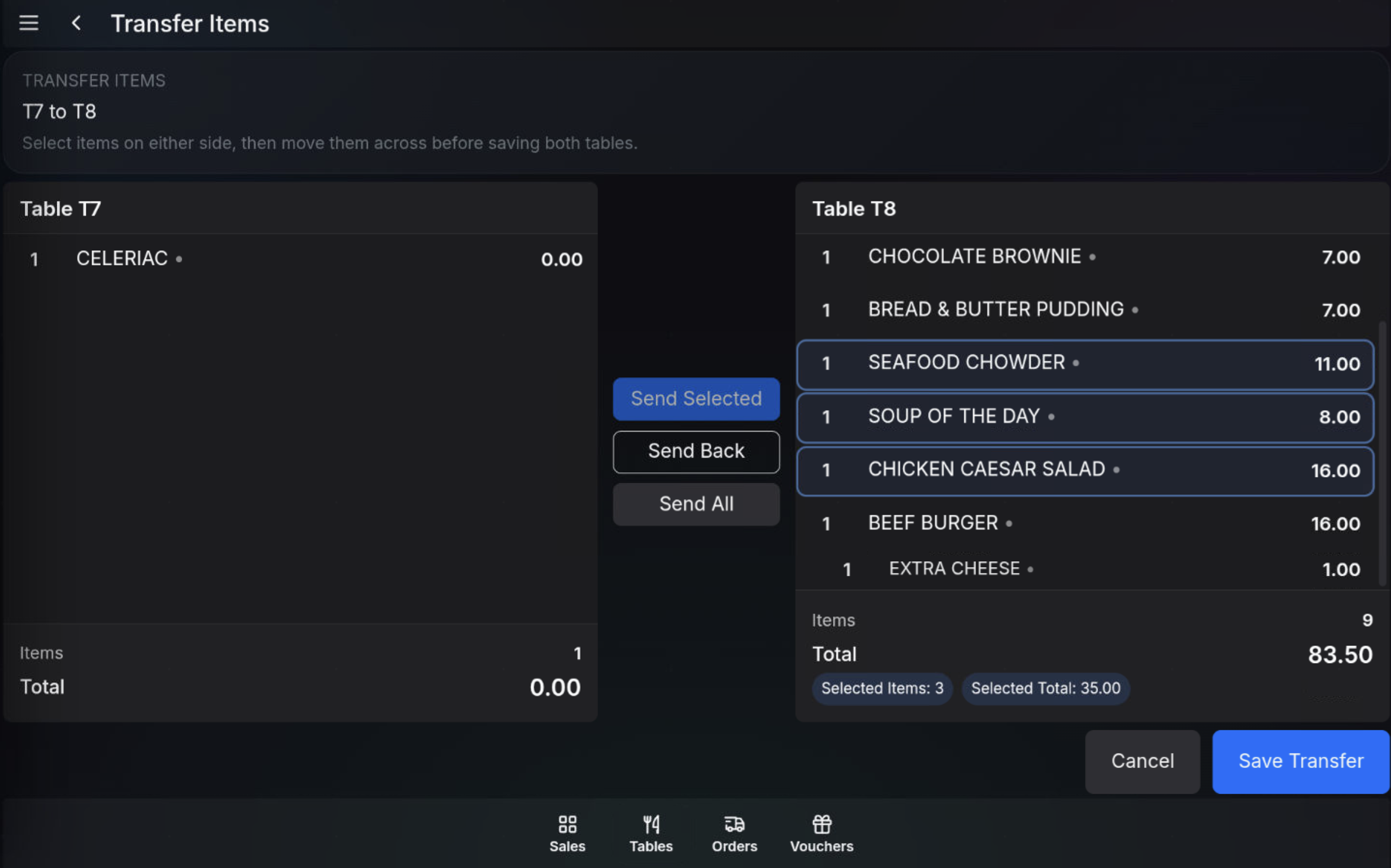 Multiple items selected for Send Back during table transfer