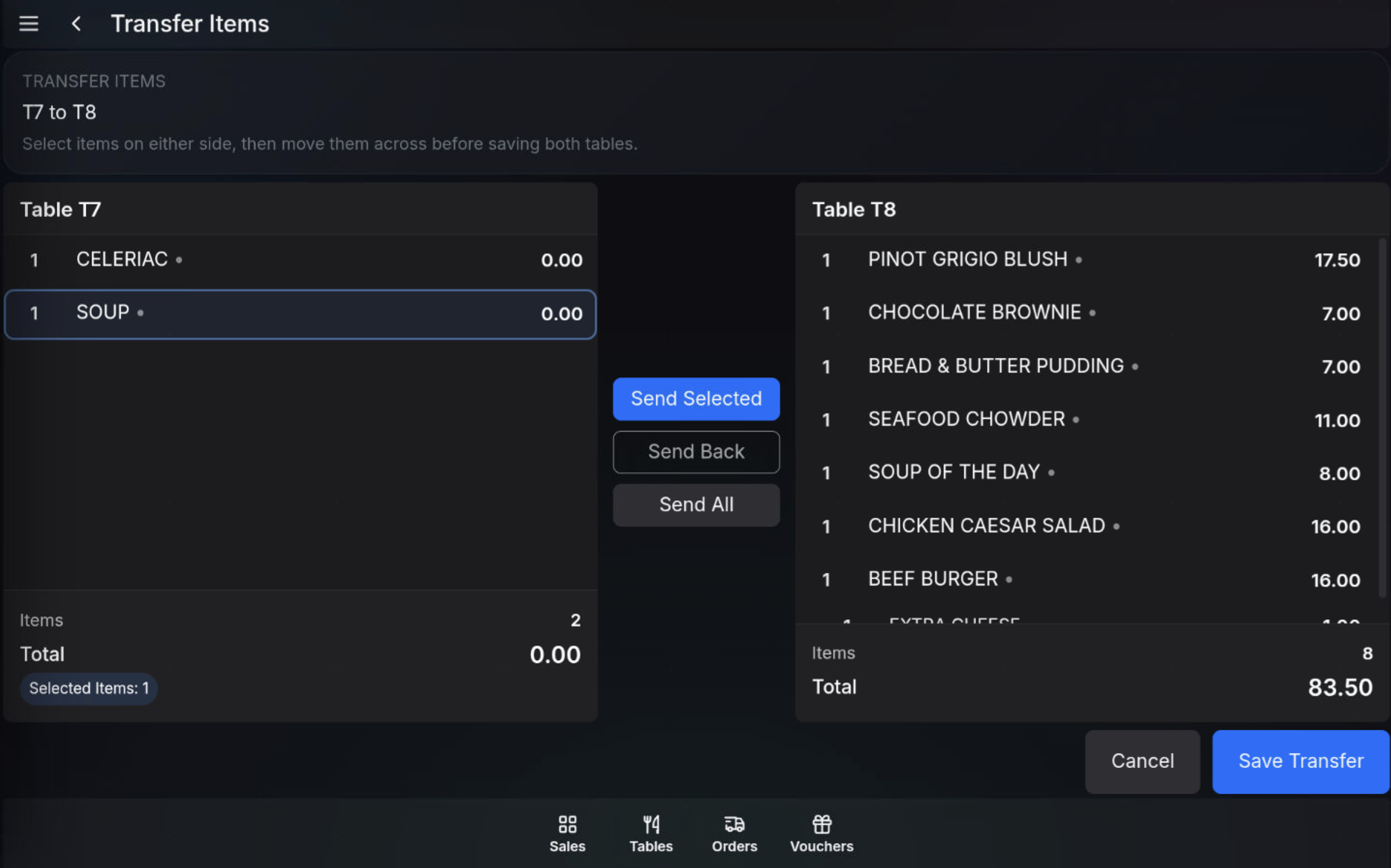 Send Selected action for transferring highlighted items