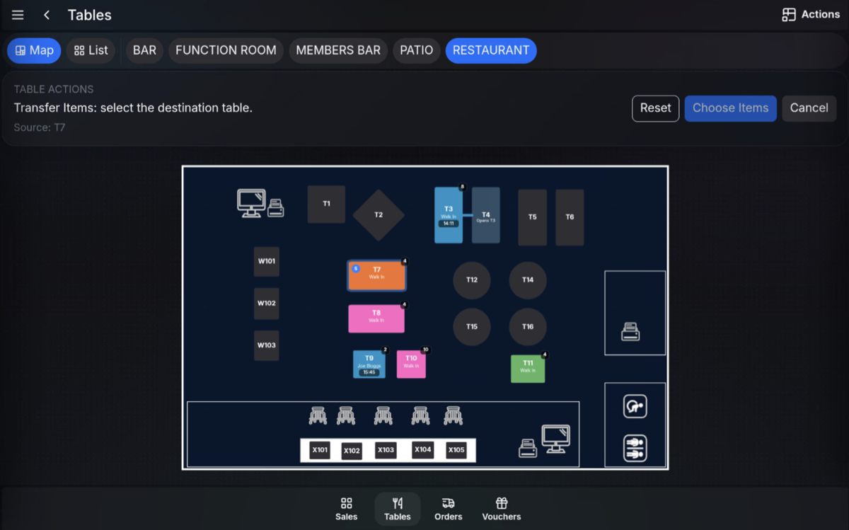 Source table selected for item transfer