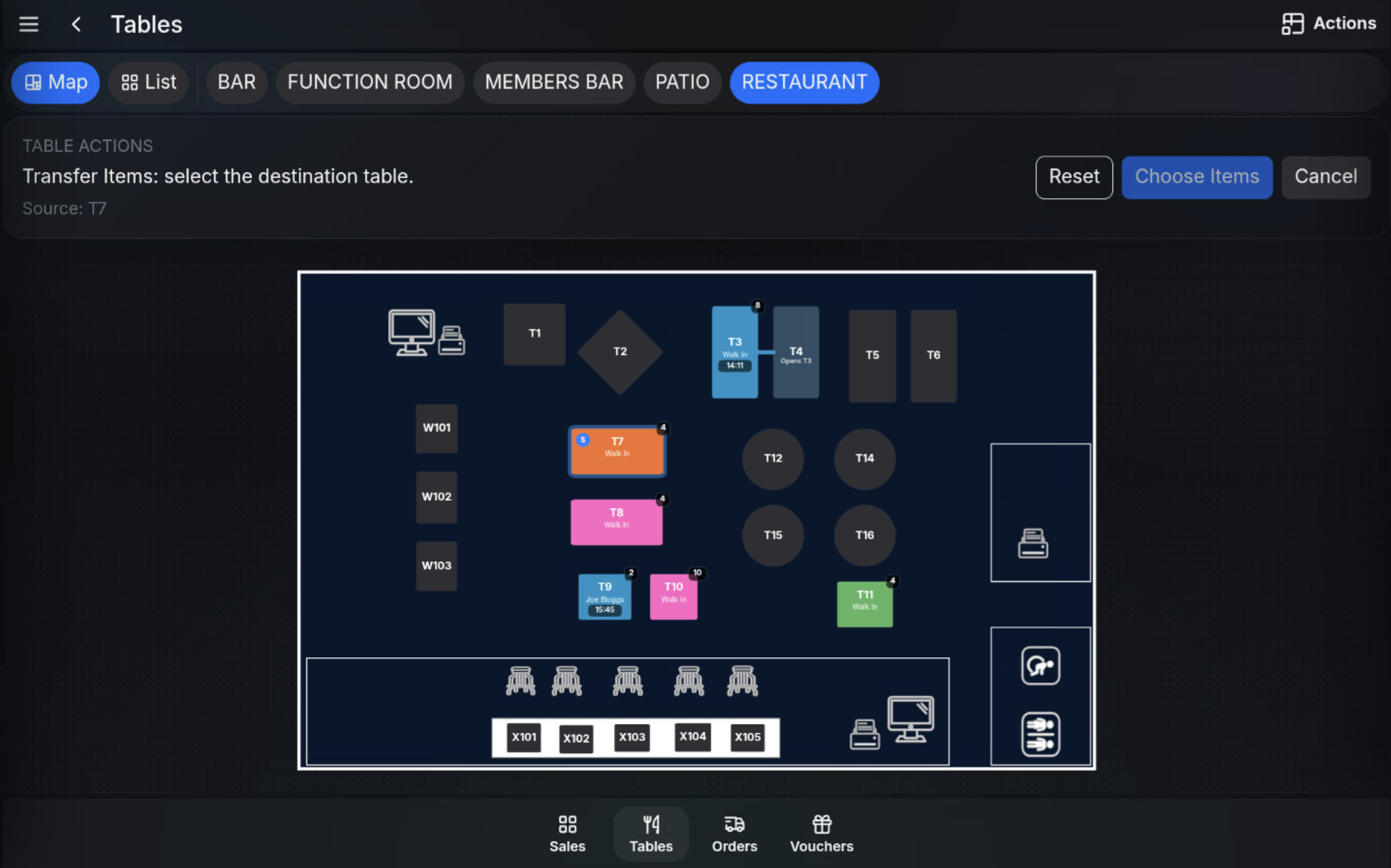 Source table selected for item transfer