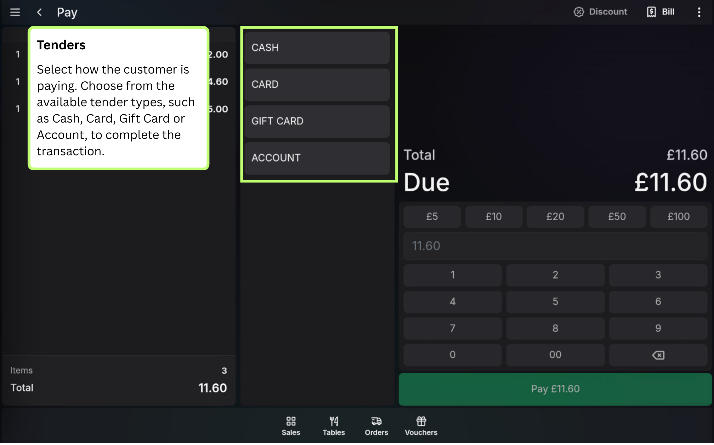 Tender selection screen on the POS