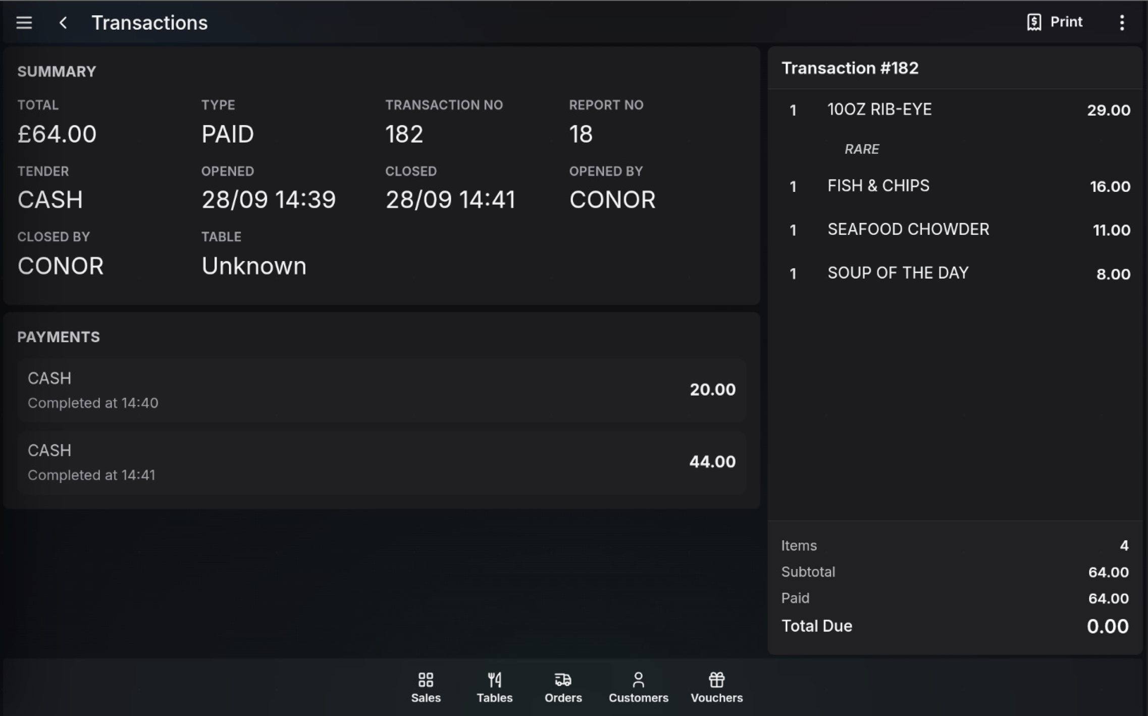 Transaction detail screen showing summary, payments, items, and Print button.