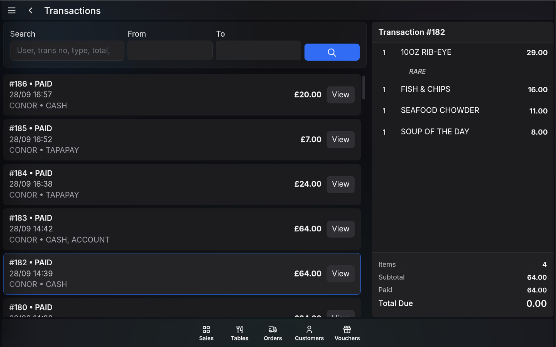 Transactions screen showing selected transaction items and totals.