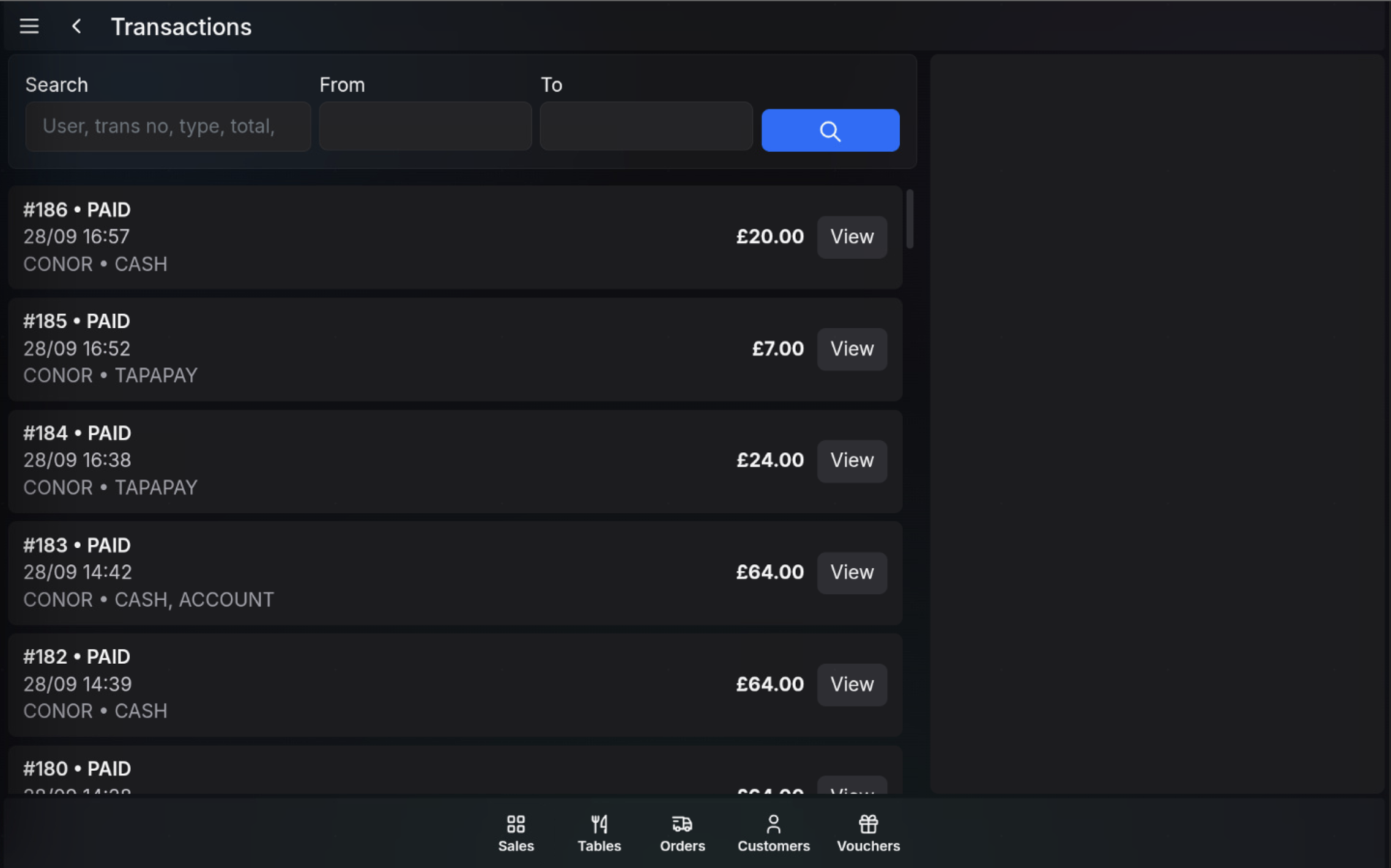 Transactions screen showing the search fields and transaction list.