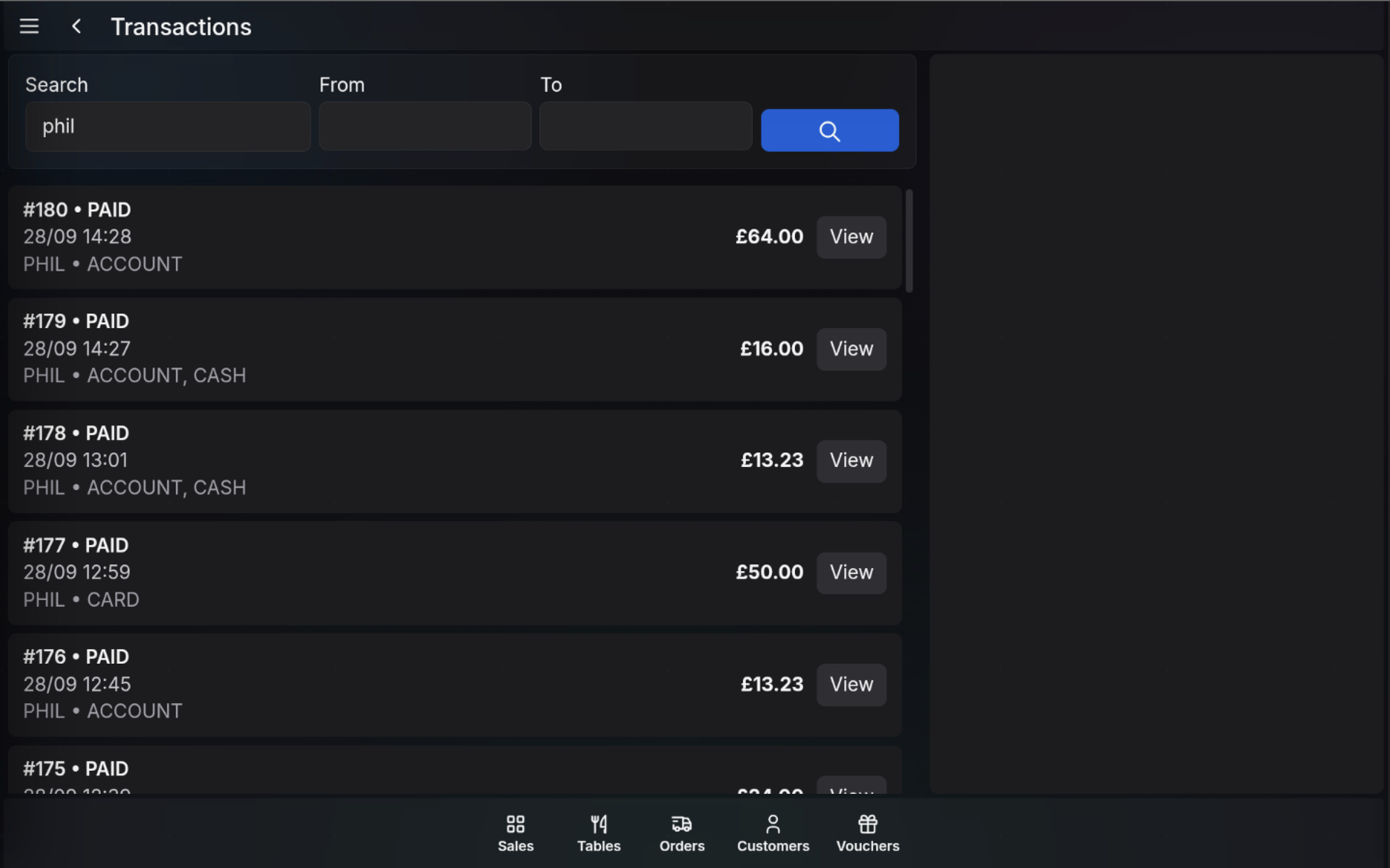 Transactions screen showing search results filtered for Phil.