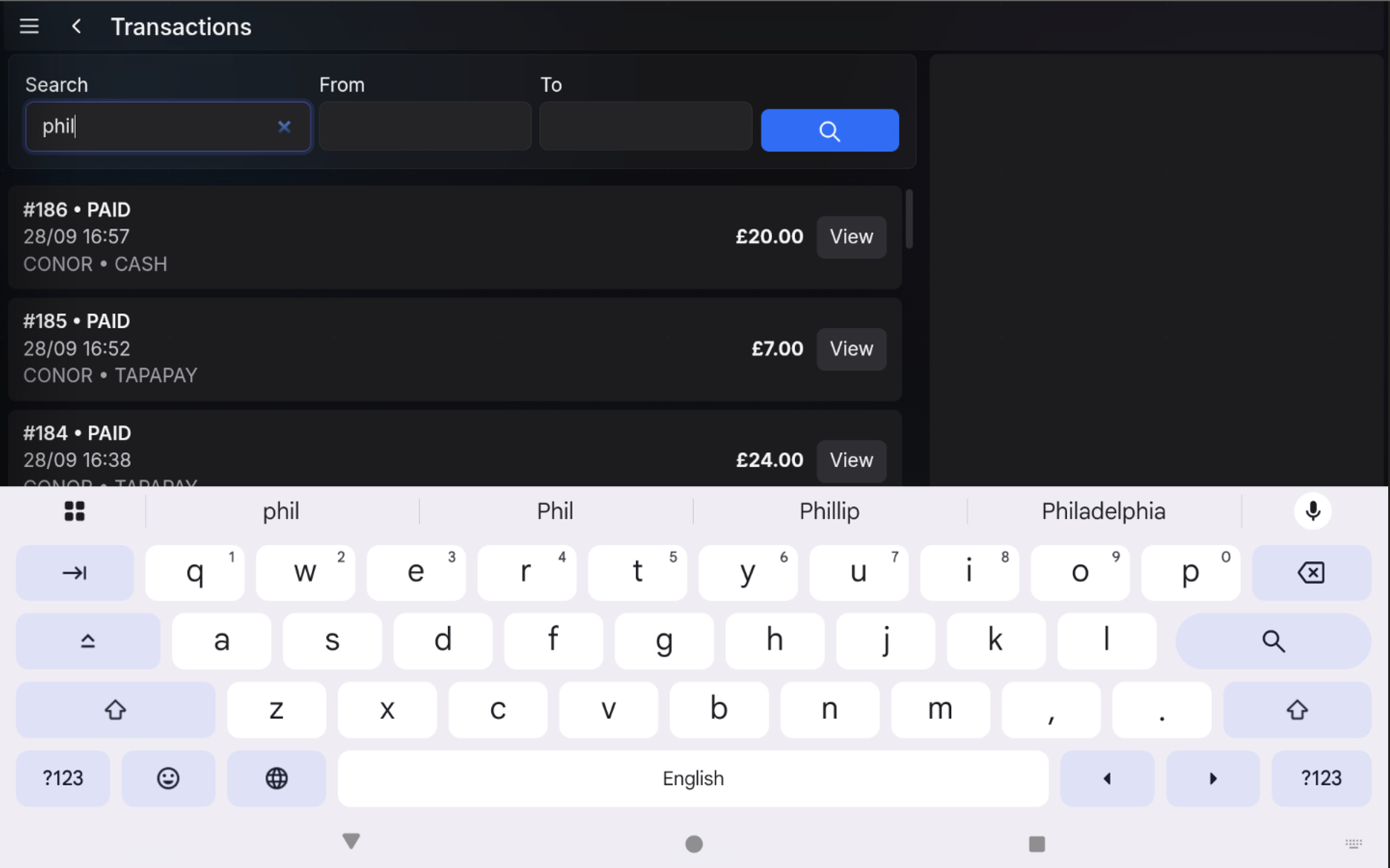 Transactions search field with search text entered.