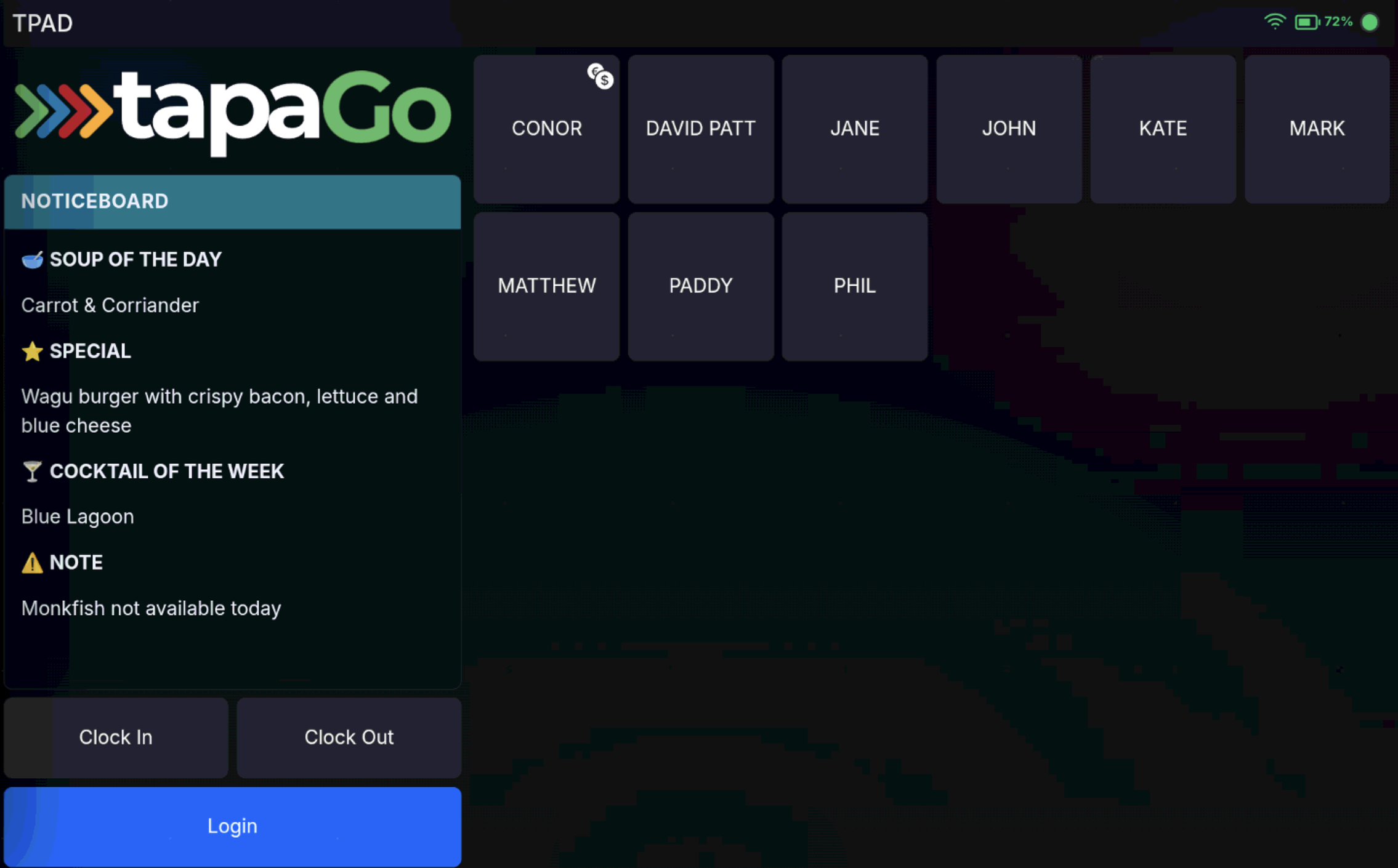 POS sign-on screen showing Sales user buttons.