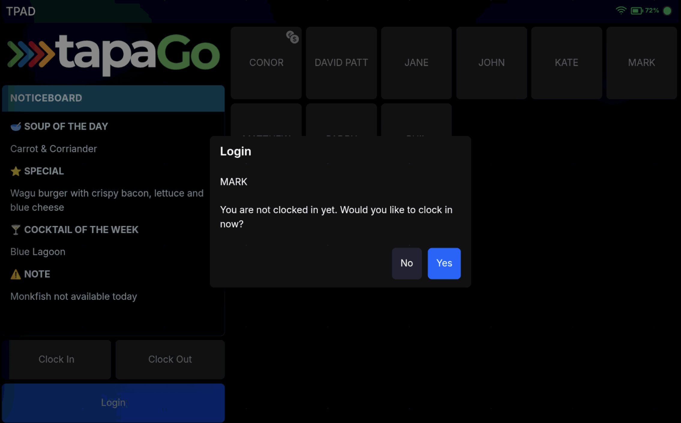POS sign-on screen showing a user who must clock in before starting a sale.