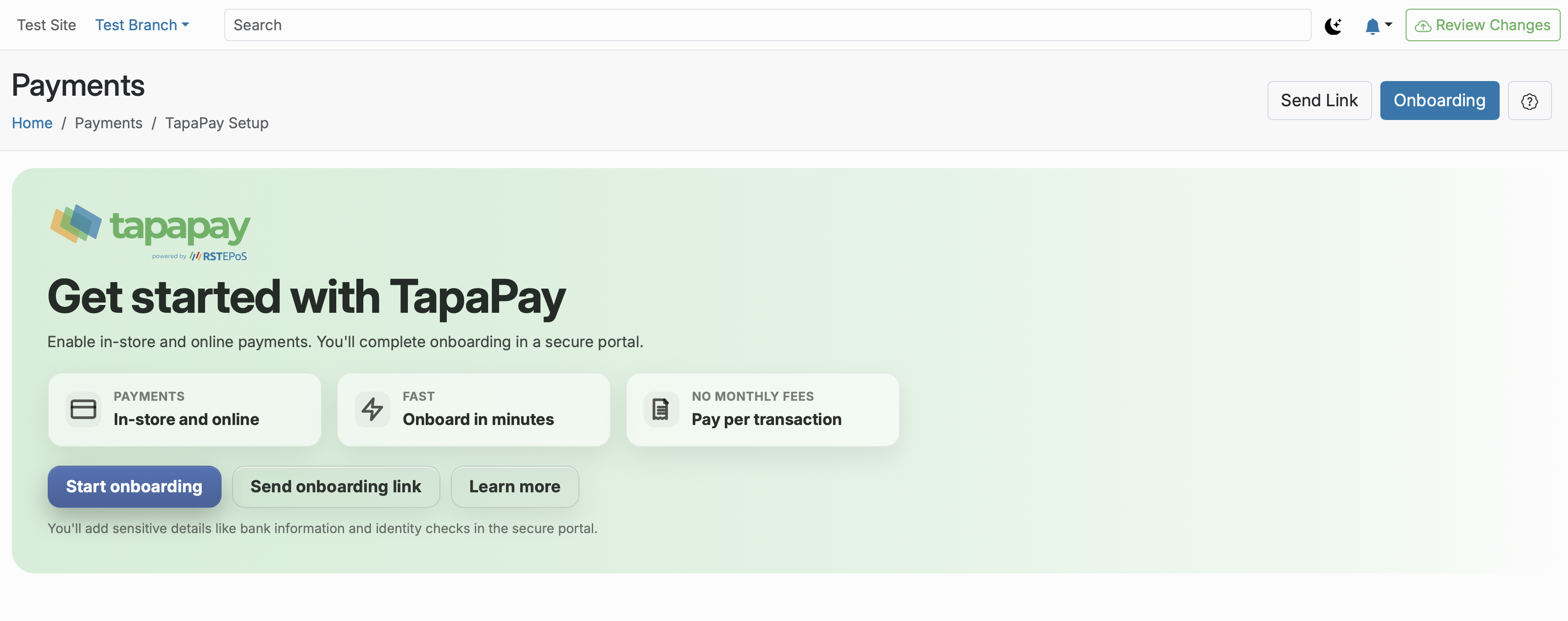 Getting Started screen in TapaPay onboarding showing the readiness checklist and OK, I am ready button.