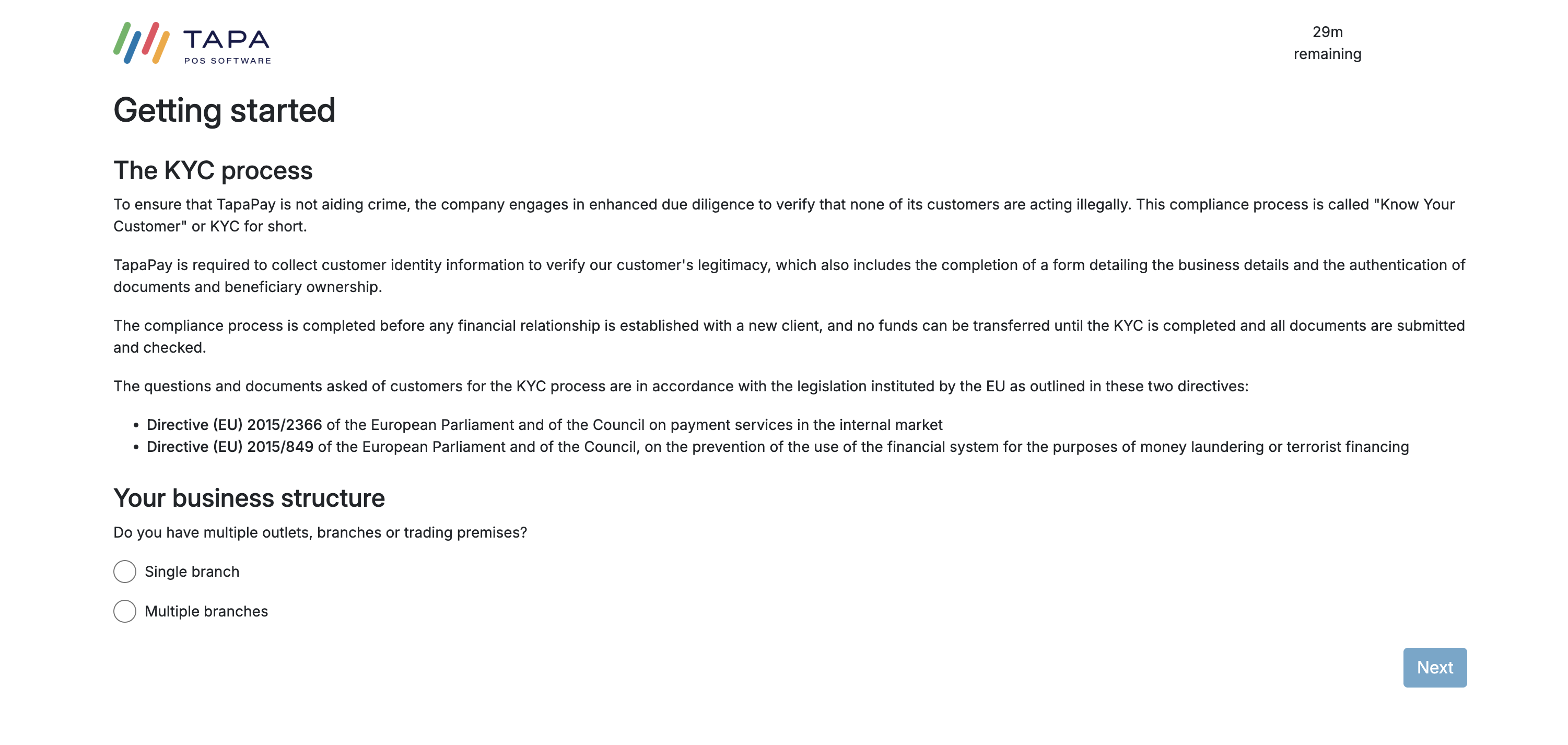 Business structure screen with Single branch and Multiple branches options.