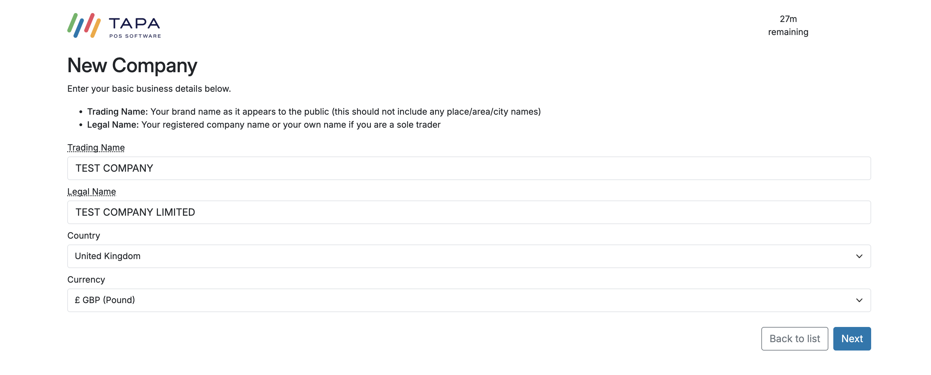 New Company screen showing trading name, legal name, country, and currency fields.