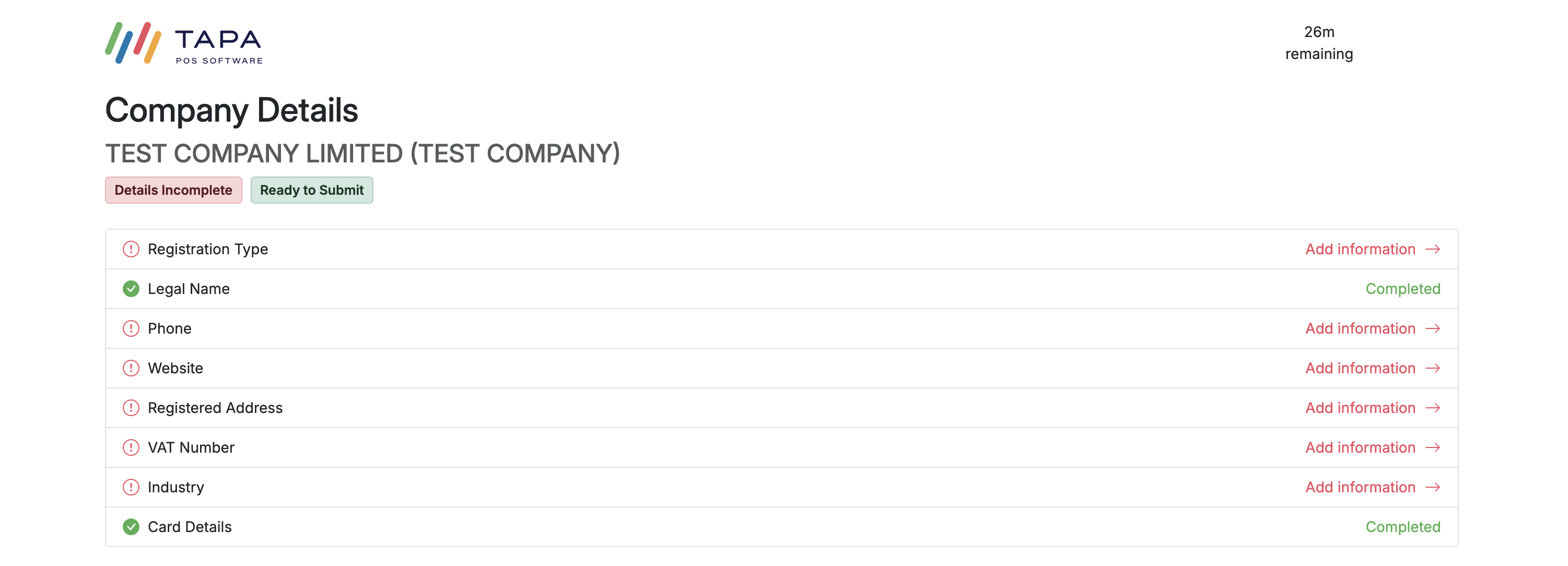 Company Details checklist showing incomplete items that need to be filled in.