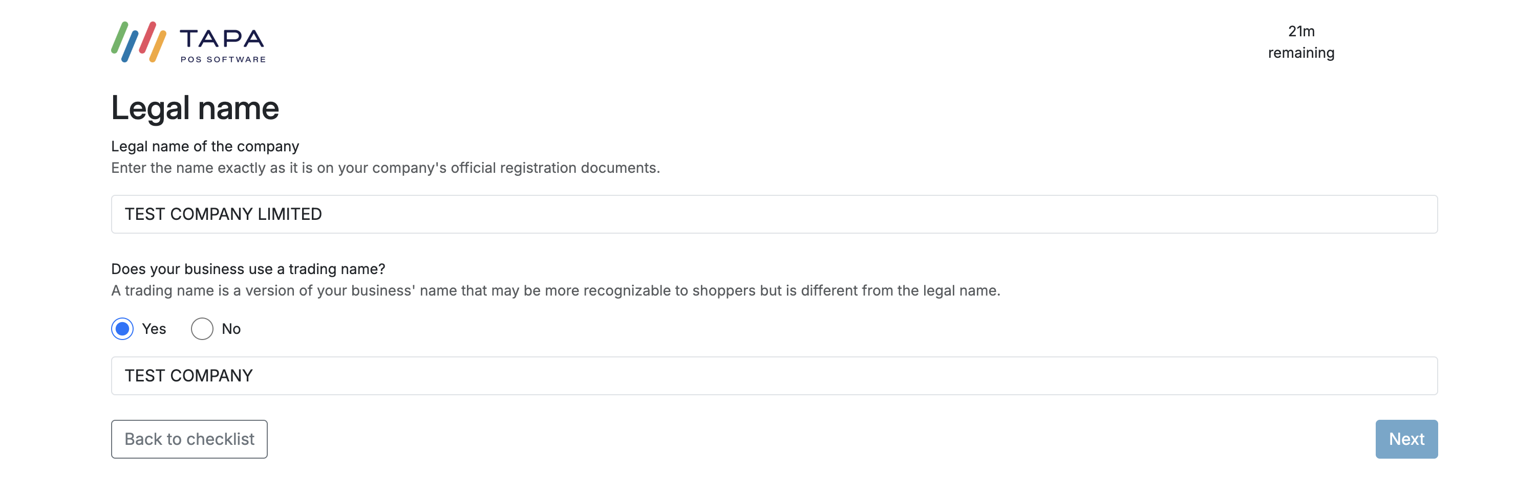 Legal name screen for a sole proprietorship with trading name option.