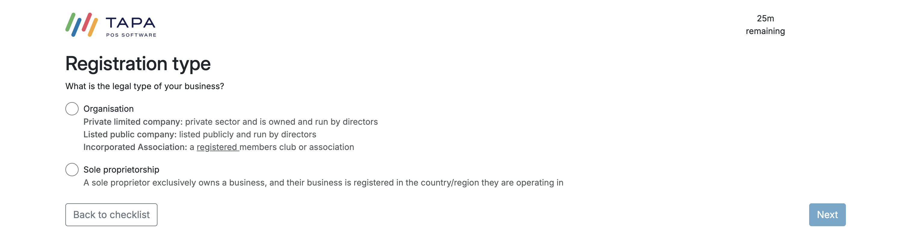 Registration type screen with Organisation and Sole proprietorship options.