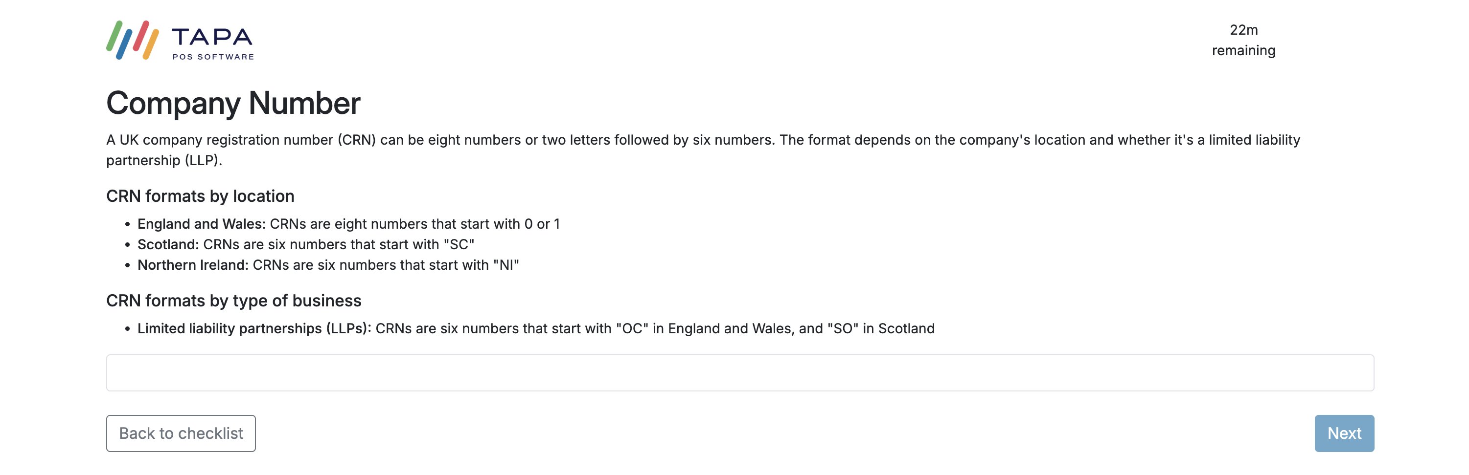 Company Number screen explaining UK company registration number formats.