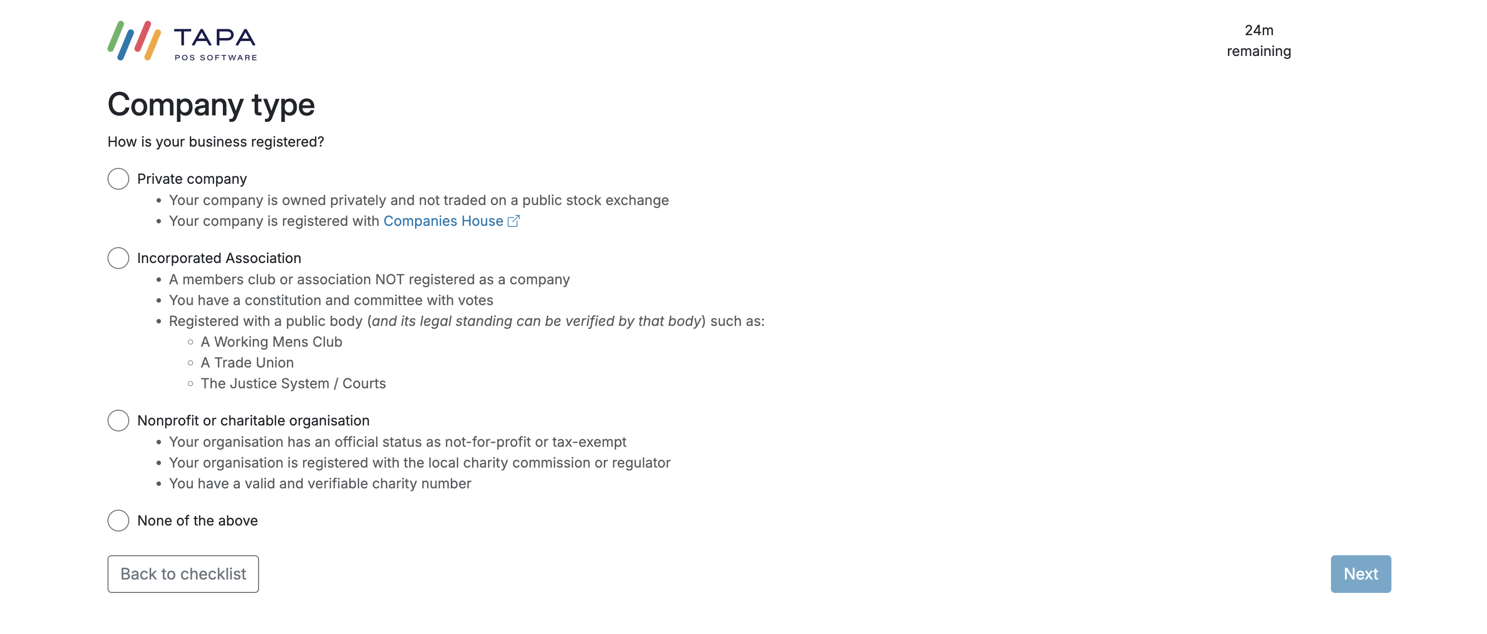 Company type screen showing Private company, Incorporated Association, Nonprofit or charitable organisation, and None of the above options.