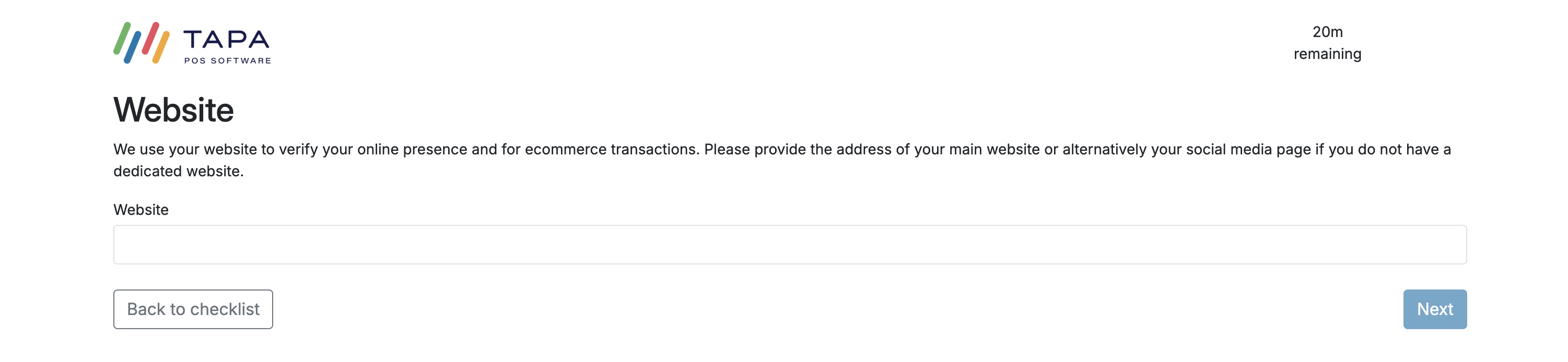 Website screen asking for the company's website or social media page.