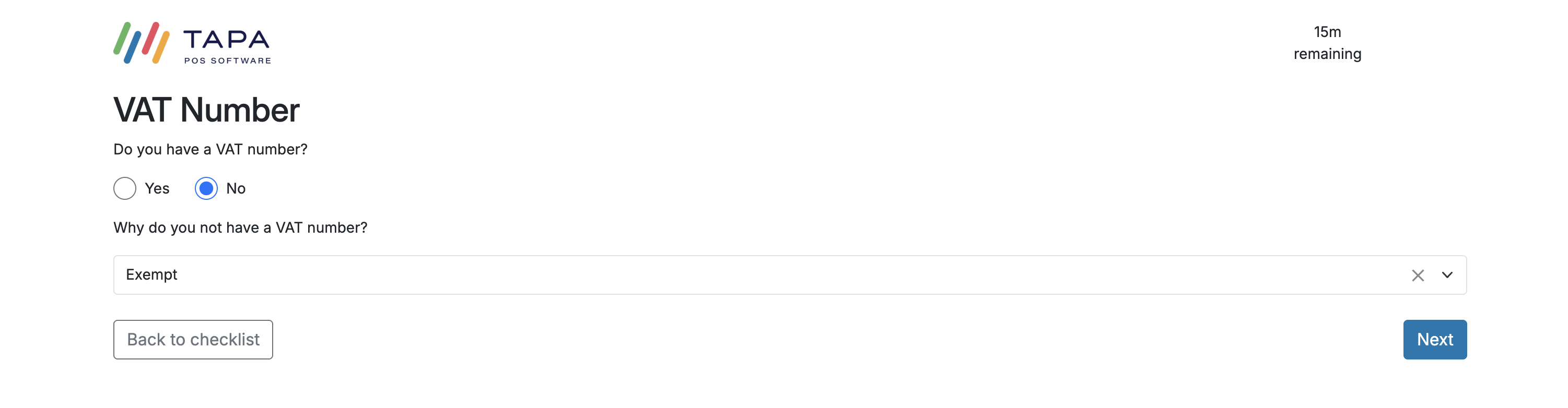 VAT Number screen asking whether the business has a VAT number.