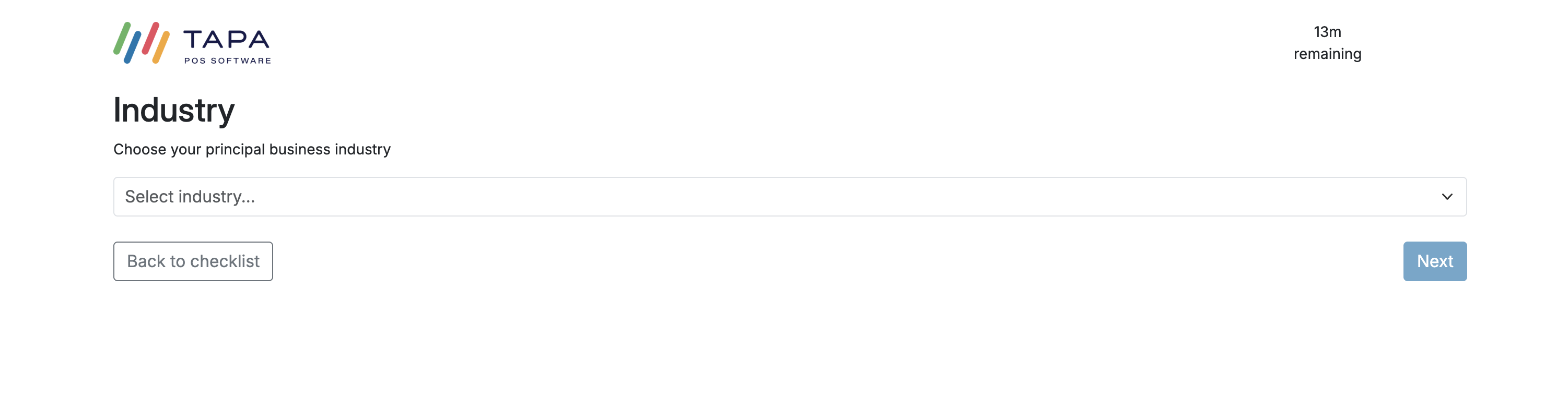 Industry selection screen for company details.