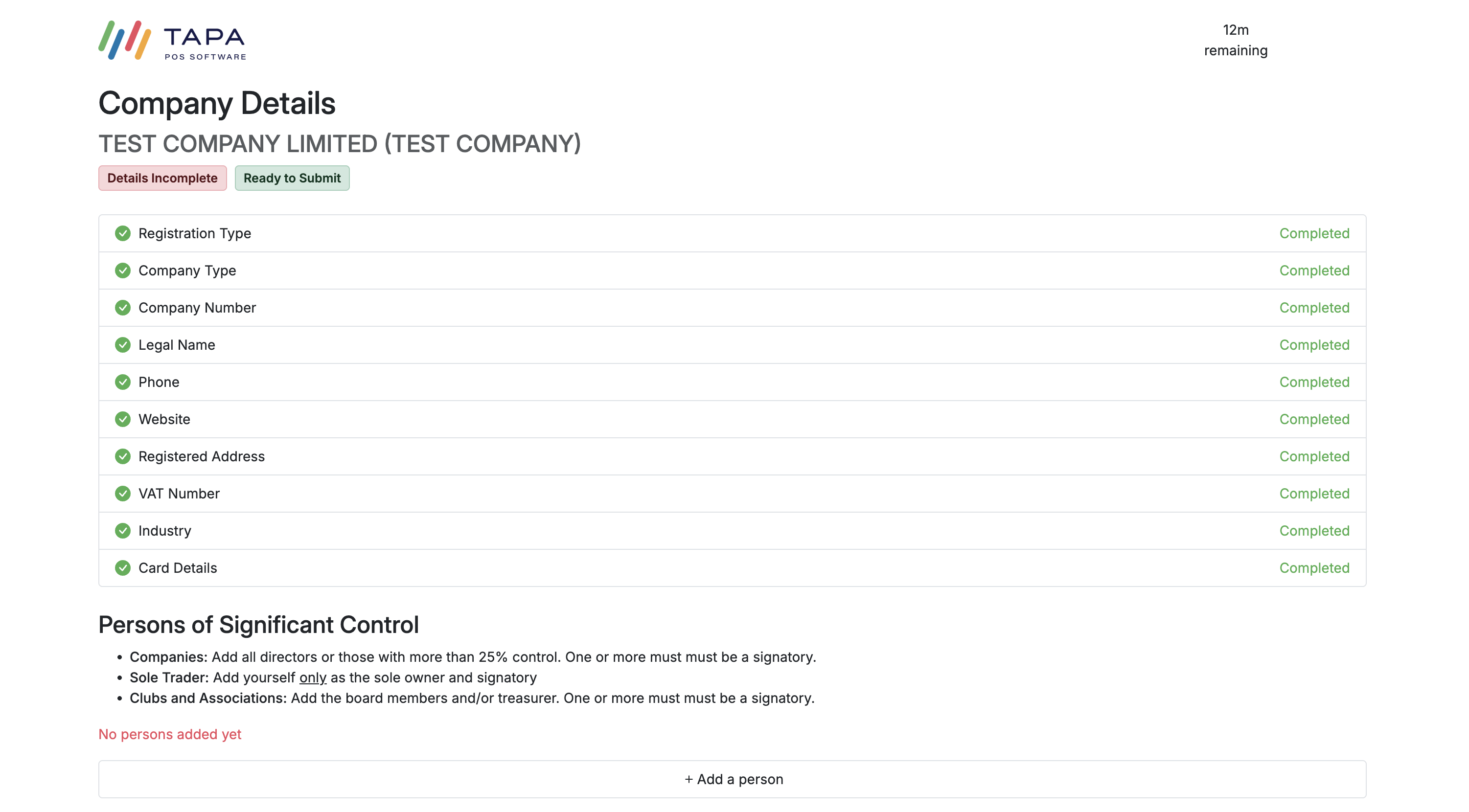 Company Details screen with Persons of Significant Control section and Add a person button.