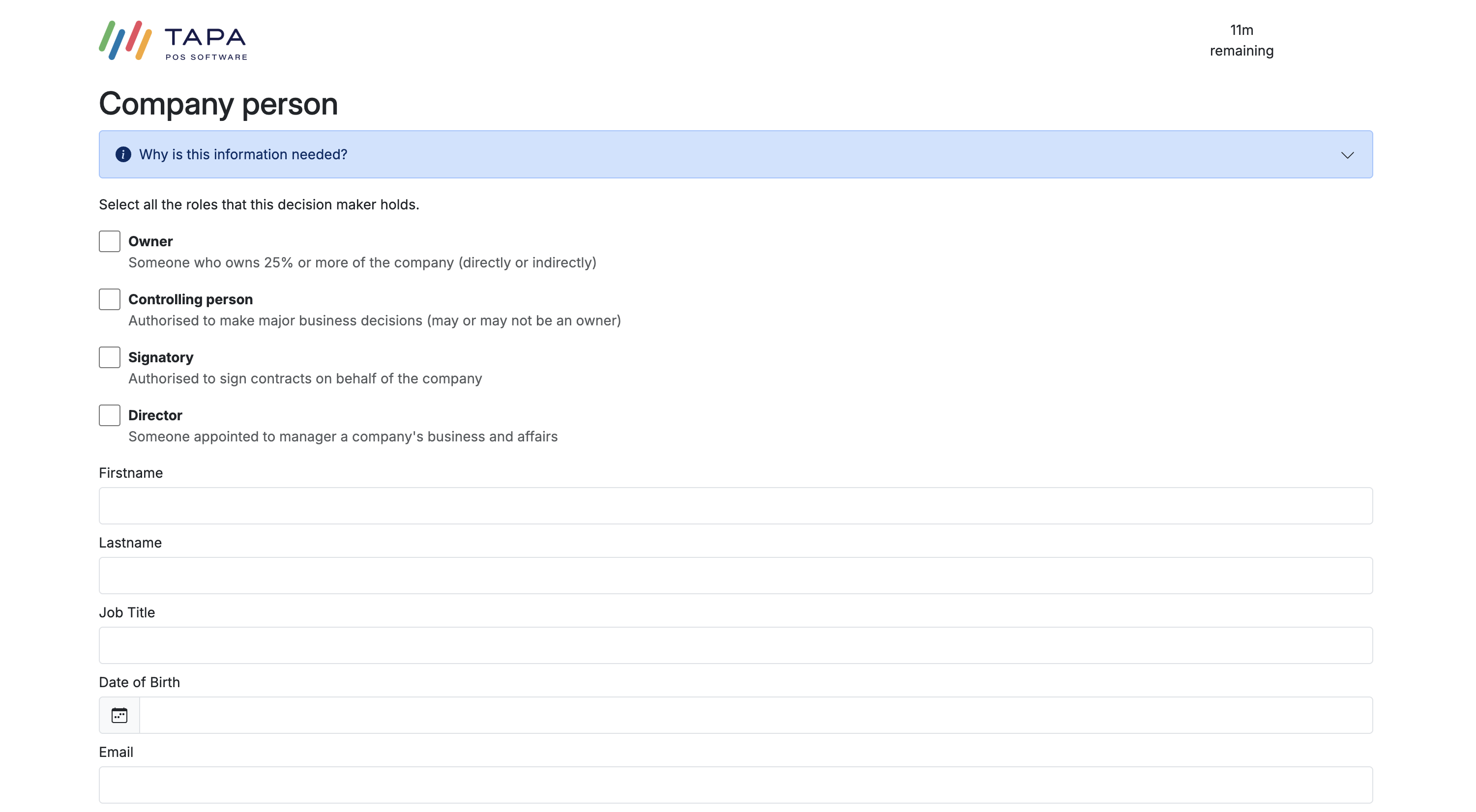 Company person form showing role checkboxes and personal detail fields.