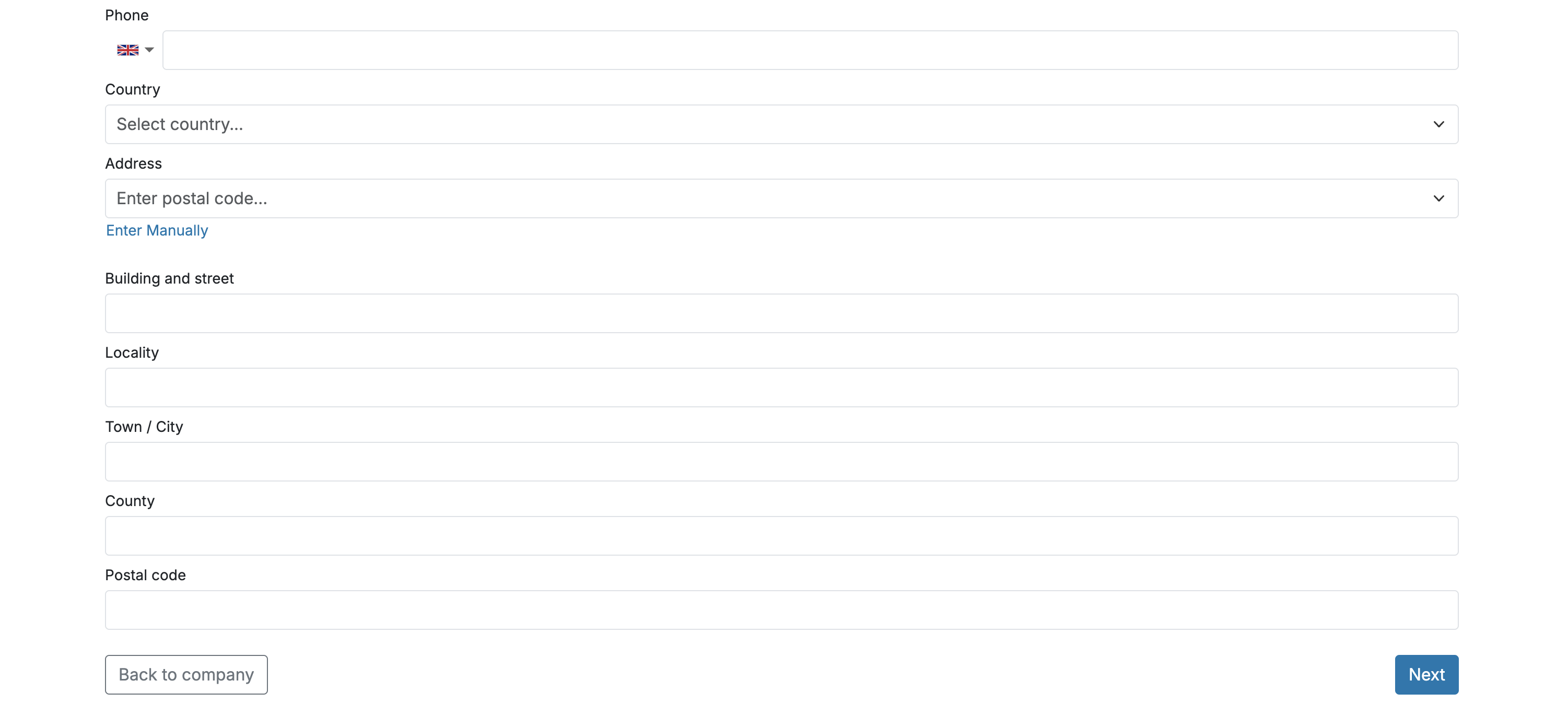 Continuation of the company person form showing phone and address fields.