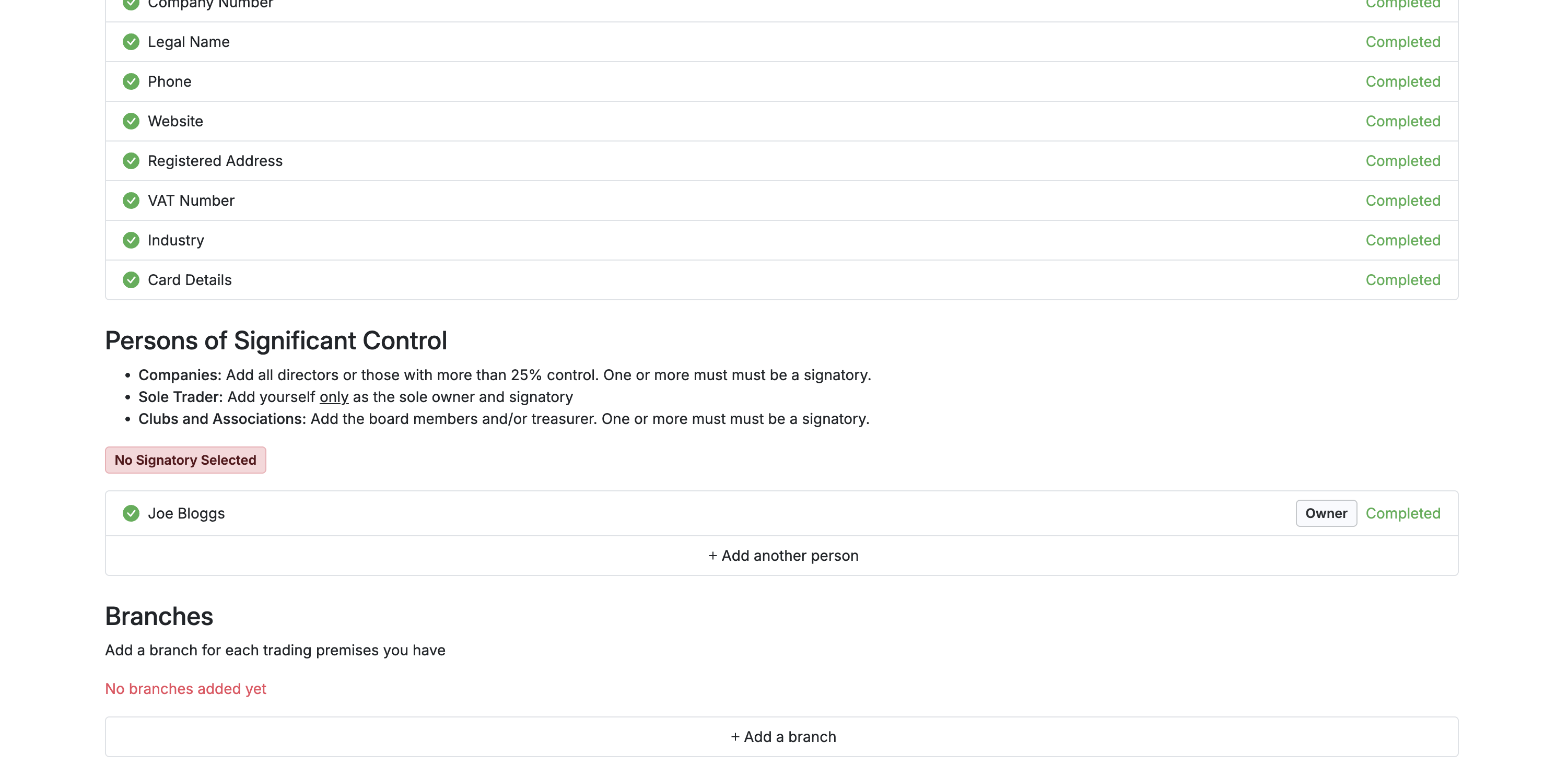 Company Details screen showing the Add a branch button.