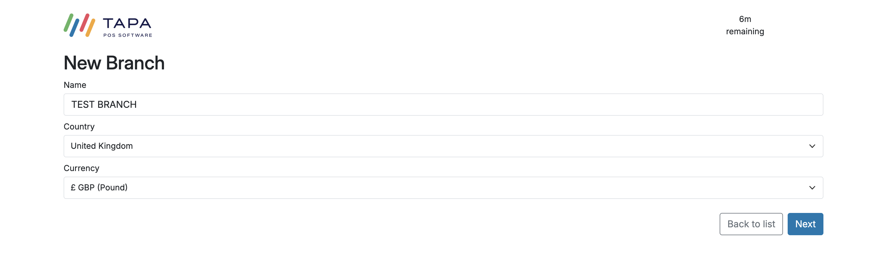 New Branch screen showing branch name, country, and currency fields.