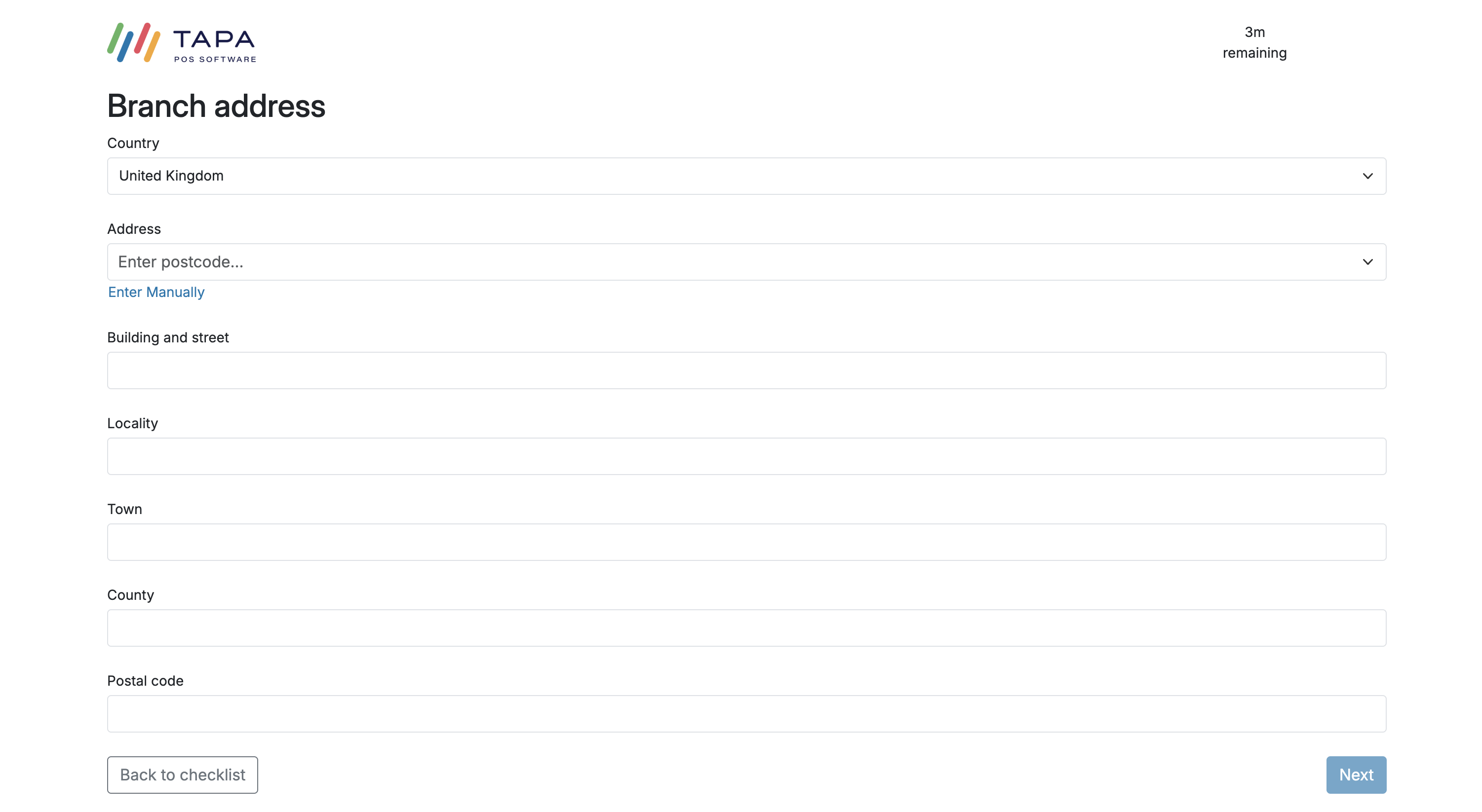 Branch address screen with postcode lookup and manual address fields.