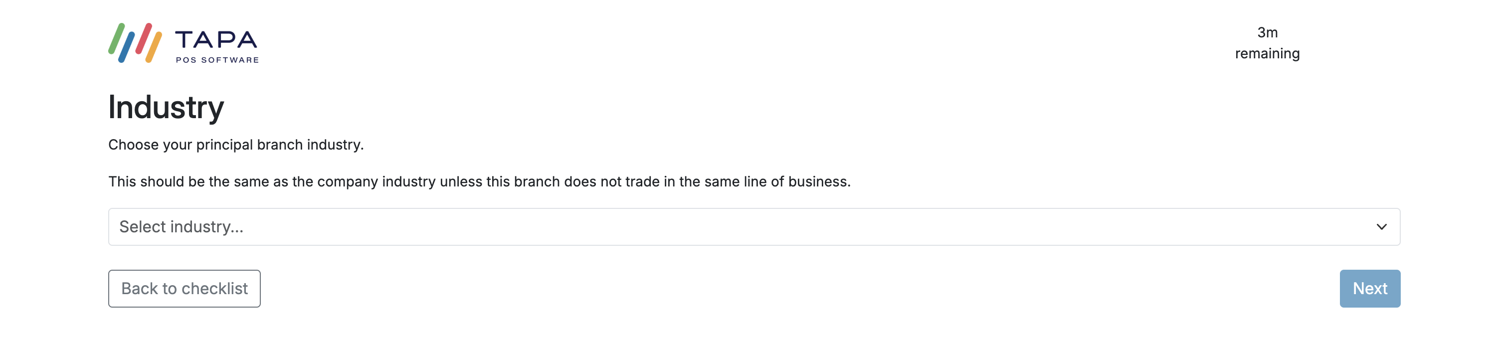 Industry selection screen for the branch.