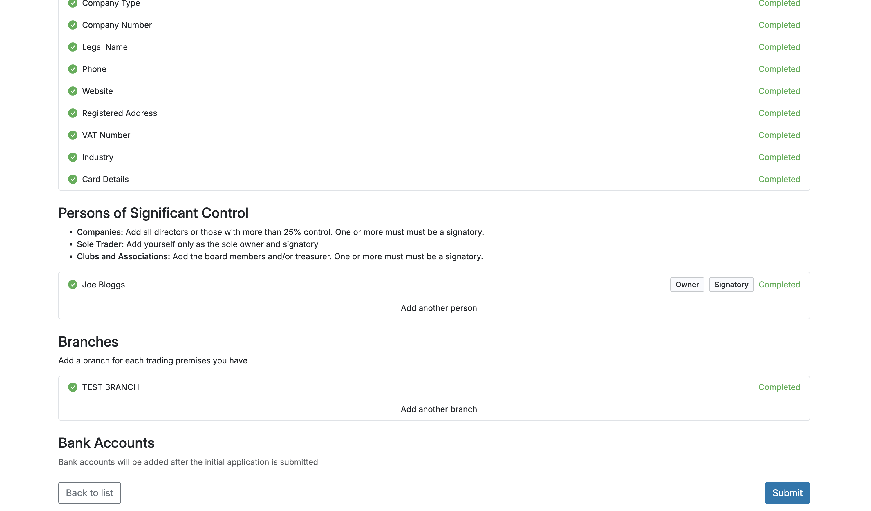 Final company details screen showing completed company details, persons, branches, and the Submit button.