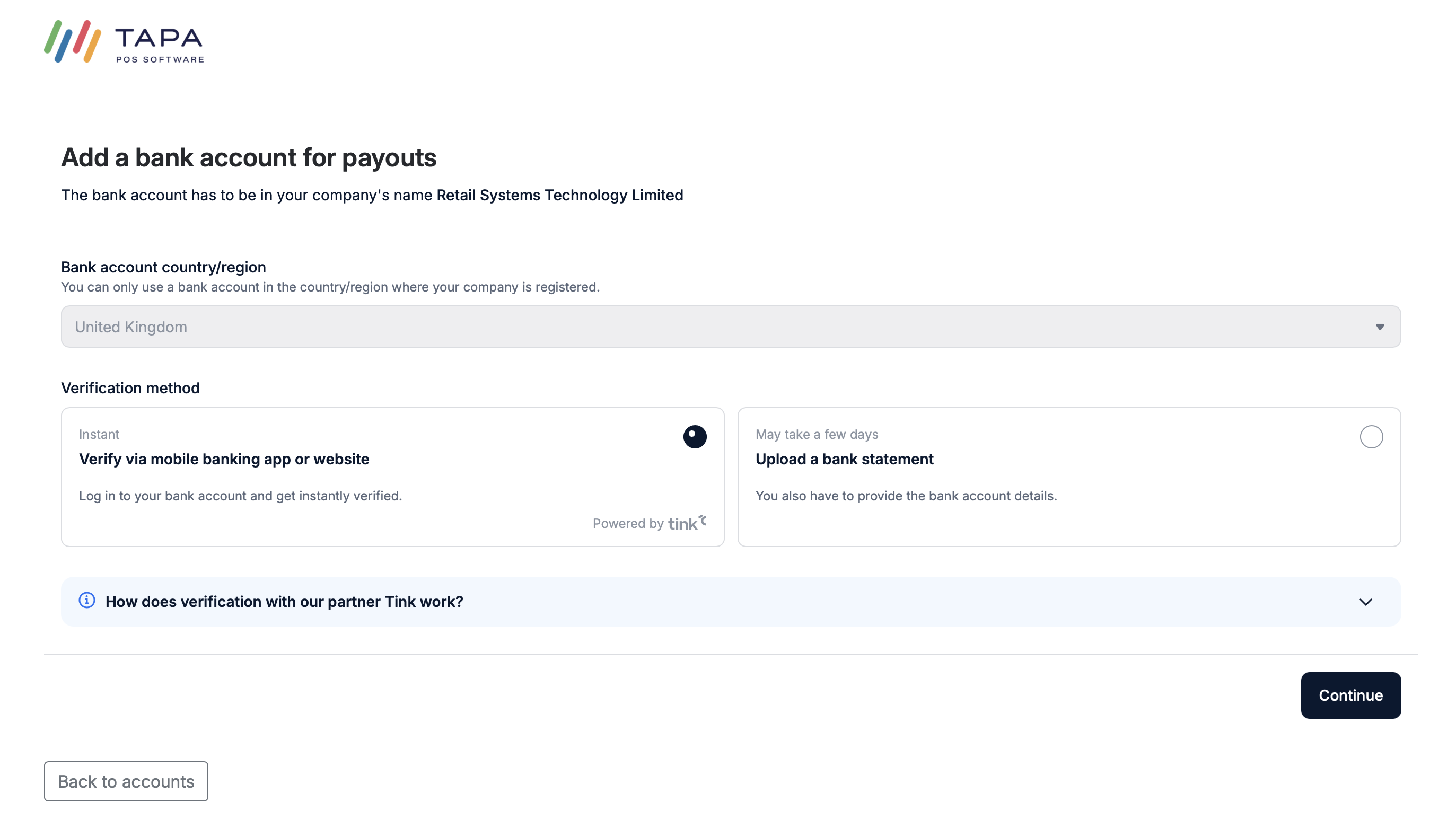 Add a bank account screen showing the choice between instant app verification and uploading a bank statement.