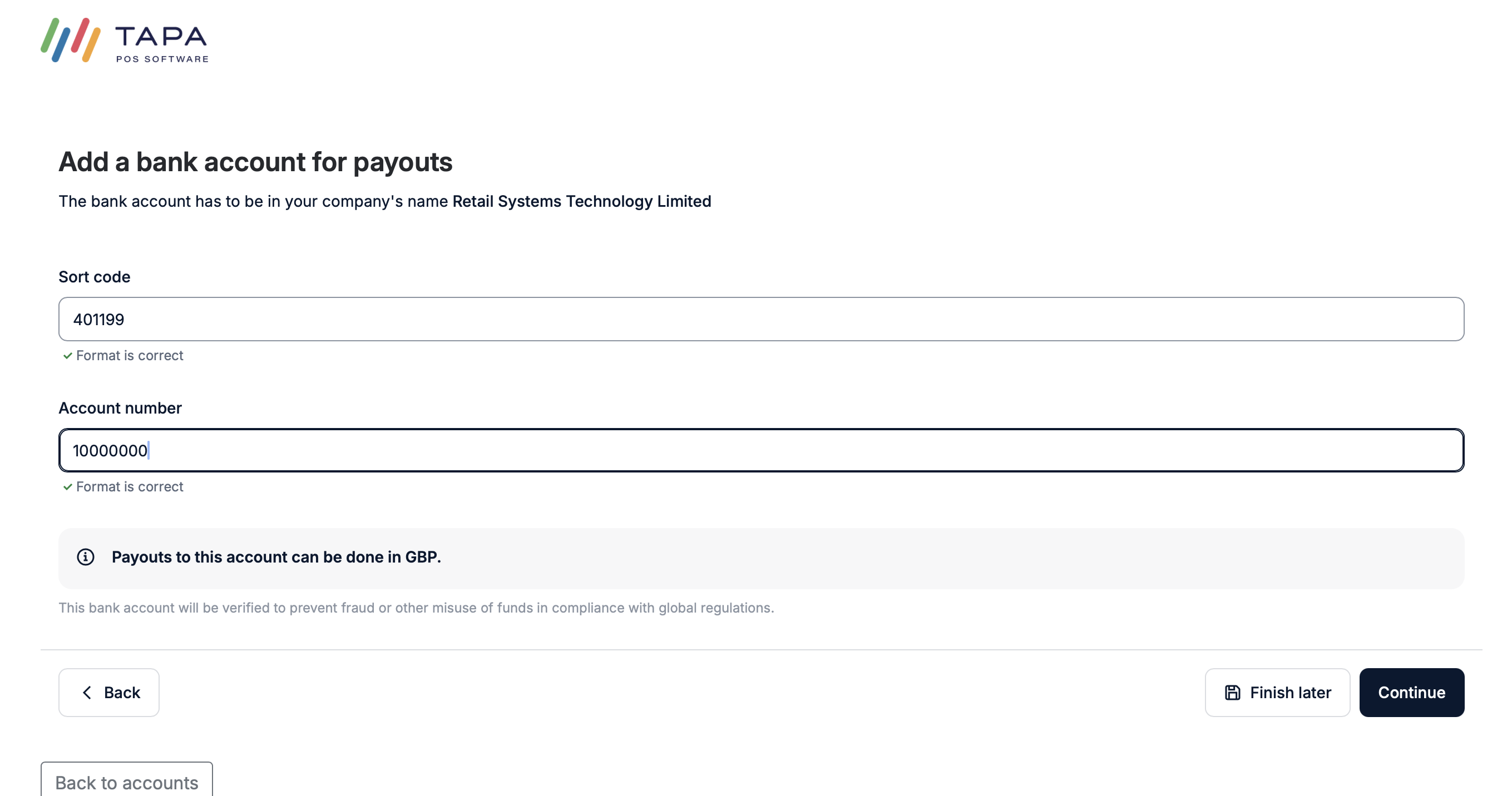 Manual bank account entry screen showing sort code and account number fields.